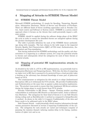4 Mapping of Attacks to STRIDE Threat Model
4.1 STRIDE Threat Model
Microsoft STRIDE methodology [1] stands for Spoofing, Tampering, Repudi-
ation, Information Disclosure, Denial of Service and Elevation of Privileges.
There are different kinds of threat modeling approaches such as Attacker cen-
tric, Asset centric and Software or System centric. STRIDE is a system centric
approach where it focuses on the threats that could potentially impact a soft-
ware system.
STRIDE, should be applied during the software design phase of the SDLC
life cycle in order to ensure the identified threats are mitigated upfront during
the product development life cycle.
The table 2 provides definition for each of the STRIDE threat methodol-
ogy along with examples. The last column in the table maps to the impacted
Security Quality Sub Characteristics (QSC) of CIA triad, Authentication, Au-
thorization and Non-repudiation.
Now having understood the STRIDE methodology and the quality sub char-
acteristics it is impacting in a software system, let’s map the potential attacks
to threats and subsequently detail the mitigation for each of these threats or
potential attacks.
4.2 Mapping of potential HE implementation attacks to
STRIDE
As detailed in the table 3, a CCA in HE implementation, can potentially lead to
Information Disclosure and Tampering threats. With this, the idea of computing
on cipher text in HE that is assumed to be protected from a cloud provider takes
a beating as the adversary has obtained knowledge of some part of plain-text
based on CCA.
The countermeasure or mitigation for this attack is to adopt Authenticated
Encryption (AE) as it withstands the CCA attacks. AE provides Confidentiality
and Authentication at the same time as against a plain encryption implementa-
tion. The product team needs to ensure that they implement AE-Secure solution
during the design phase to avoid threats from CCA attacks.
Encoder Vulnerability in HE library - Integer, Floating number encoding
vulnerabilities in well-known HE libraries as discussed earlier, leads to Informa-
tion Disclosure. The mitigation for these kind of threats is to use Safe libraries
during coding such as BatchEncoder () method as compared to IntegerEncoder
() method. As shown in the table 3, it impacts Confidentiality of the data and
hence needs to be addressed early in the SDLC phase.
Side Channel Attack – could potentially obtain sensitive information through
various parameters discussed in section 2 impacting Confidentiality of the sys-
tem. The mitigation for such attacks are varied and techniques comprise of
jamming the emission channel, inducing random delay in the timing, random-
ization of cipher text and so on.
10
28
International Journal on Cryptography and Information Security (IJCIS), Vol. 10, No.3, September 2020
30
 