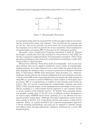 Figure 1: Homomorphic Encryption
an encrypted string, finds an encrypted list of relevant pages without even know-
ing the actual search string, and response. User can decrypt the response and
see the list. The service provider can never know the actual search-string and
the responses, but it still can provide the service seamlessly. Detail explanation
of homomorphic encryption (HE) is discussed in the subsequent sections.
Microsoft’s Azure Confidential Computing introduced in 2019 [9], followed
by Google’s confidential cloud [10], launched as a beta release in July, 2020, are
the first commercial implementations of homomorphic encryption. Other cloud
providers including are also extensively researching the technology to make their
cloud resilient to data-breaches.
HE has been called the ”Swiss Army knife of cryptography” as it is a one-stop
shop solution that can be applied consistently across variety of cryptographic
implementations. It is often believed to be a silver bullet for most of the prob-
lems plaguing the industry today, in terms of protection of Sensitive Personal
Data or Information (SPDI) from third-party cloud providers [11]. However,
challenges persist wherein the insecure implementation and inadequate security
controls around HE could compromise the data and negate the whole purpose of
using HE as a solution to protect SPDI from cloud vendors or third party data
processors. HE, as a cryptosystem, is resilient to data breaches and attacks on
privacy. But, the success of protecting the confidentiality, integrity, and avail-
ability (CIA) depends largely on the implementation and design of the system.
Threat modeling is a well-accepted formal approach to find relevant threats
or attack surfaces of the designed system. To identify these potential threats
and possible attacks early in the life cycle of software product development,
we could employ STRIDE based threat modeling [1] as an effective tool dur-
ing the product design phase. Although thorough cryptanalysis would uncover
these attacks or threats, it is a long drawn process and requires a high level of
expertise. Hence, as a quick alternative for a rigorous cryptanalysis approach,
a threat modeling methodology and tools can be adopted to identify threats
and address them through appropriate mitigation techniques for a secure HE
implementation.
3
21
International Journal on Cryptography and Information Security (IJCIS), Vol. 10, No.3, September 2020
23
 
