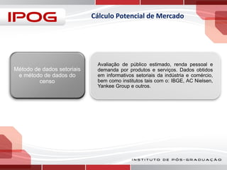 Cálculo Potencial de Mercado

Método de dados setoriais
e método de dados do
censo

Avaliação de público estimado, renda pessoal e
demanda por produtos e serviços. Dados obtidos
em informativos setoriais da indústria e comércio,
bem como institutos tais com o: IBGE, AC Nielsen,
Yankee Group e outros.

 
