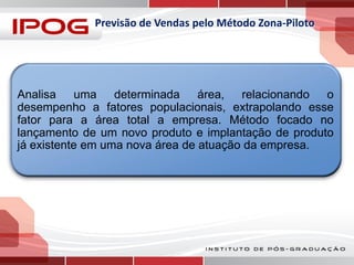 Previsão de Vendas pelo Método Zona-Piloto

Analisa uma determinada área, relacionando o
desempenho a fatores populacionais, extrapolando esse
fator para a área total a empresa. Método focado no
lançamento de um novo produto e implantação de produto
já existente em uma nova área de atuação da empresa.

 