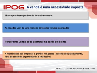 A venda é uma necessidade imposta
Busca por desempenhos de forma incessante

As receitas vem de uma maneira direta das vendas alcançadas

Perder uma venda pode acarretar na perda do cliente

A mortalidade das empresas é grande: má gestão , ausência de planejamento,
falta de controles orçamentários e financeiros

 