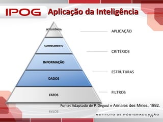 INTELIGÊNCIA

APLICAÇÃO

CONHECIMENTO

CRITÉRIOS

INFORMAÇÃO
ESTRUTURAS
DADOS

FATOS

FILTROS

Fonte: Adaptado de P. Degoul e Annales des Mines, 1992.
125

 