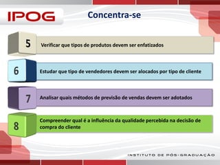 Concentra-se
Verificar que tipos de produtos devem ser enfatizados

Estudar que tipo de vendedores devem ser alocados por tipo de cliente

Analisar quais métodos de previsão de vendas devem ser adotados

Compreender qual é a influência da qualidade percebida na decisão de
compra do cliente

 