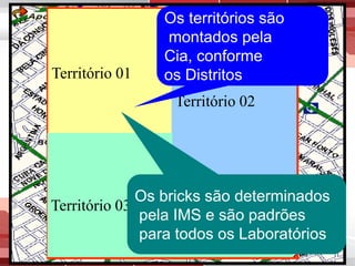 Os territórios são
Brick Brick montadosBrick
Brick pela
01
02 Cia, conforme
04
03
Território 01
os Distritos

Brick
05

Brick Brick Brick
Território 02
06
08
07

Brick
09

Brick Brick
10
11

Brick
12

Território 03 Os bricks são determinados
Território 03
Brick Brick IMS e são padrões
pela Brick Brick
todos
Laboratórios
13
14 para 15 os 16

 