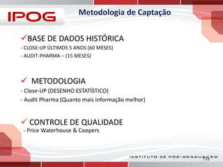 BASE DE DADOS HISTÓRICA
- CLOSE-UP ÚLTIMOS 5 ANOS (60 MESES)
- AUDIT-PHARMA – (15 MESES)

 METODOLOGIA
- Close-UP (DESENHO ESTATÍSTICO)
- Audit Pharma (Quanto mais informação melhor)

 CONTROLE DE QUALIDADE
- Price Waterhouse & Coopers

153

 