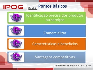 Produto

Pontos Básicos

Identificação precisa dos produtos
ou serviços
Comercializar

Características e benefícios
Vantagens competitivas

 