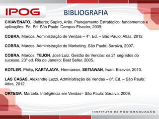 BIBLIOGRAFIA
CHIAVENATO, Idalberto; Sapiro, Arão. Planejamento Estratégico: fundamentos e
aplicações. Ed. Ed. São Paulo: Campus Elsevier, 2009.
COBRA, Marcos. Administração de Vendas – 4º. Ed. – São Paulo: Atlas, 2012
COBRA, Marcos. Administração de Marketing. São Paulo: Saraiva, 2007.
COBRA, Marcos, TEJON, José Luiz. Gestão de Vendas: os 21 segredos do
sucesso. 23º ed. Rio de Janeiro: Best Seller, 2005.
KOTLER, Philip, KARTAJAYA, Hermawan, SETIAWAN, Iwan. Elsevier, 2010.
LAS CASAS, Alexandre Luzzi. Administração de Vendas – 8º. Ed. – São Paulo:
Atlas, 2012.
ORTEGA, Marcelo. Inteligência em Vendas– São Paulo: Saraiva, 2009.

 