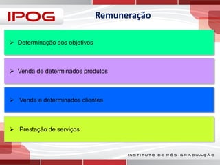 Remuneração
 Determinação dos objetivos

 Venda de determinados produtos

 Venda a determinados clientes

 Prestação de serviços

 
