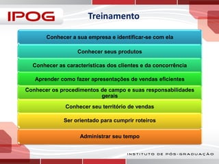 Treinamento
Conhecer a sua empresa e identificar-se com ela
Conhecer seus produtos
Conhecer as características dos clientes e da concorrência
Aprender como fazer apresentações de vendas eficientes

Conhecer os procedimentos de campo e suas responsabilidades
gerais
Conhecer seu território de vendas
Ser orientado para cumprir roteiros
Administrar seu tempo

 