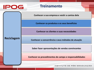 Treinamento
Conhecer a sua empresa e vestir a camisa dela
Conhecer os produtos e os seus benefícios

Conhecer os clientes e suas necessidades

Reciclagem

Conhecer a concorrência e seus métodos de atuação

Saber fazer apresentações de vendas convincentes

Conhecer os procedimentos de campo e responsabilidades

 
