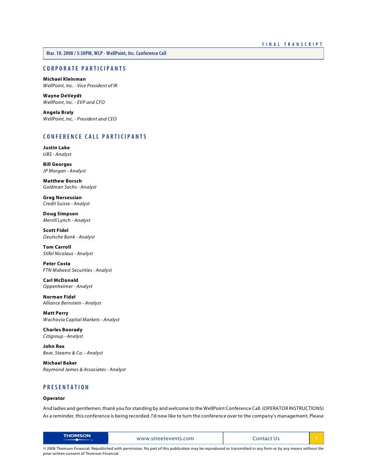 WellPoint, Inc. Conference Call Transcript