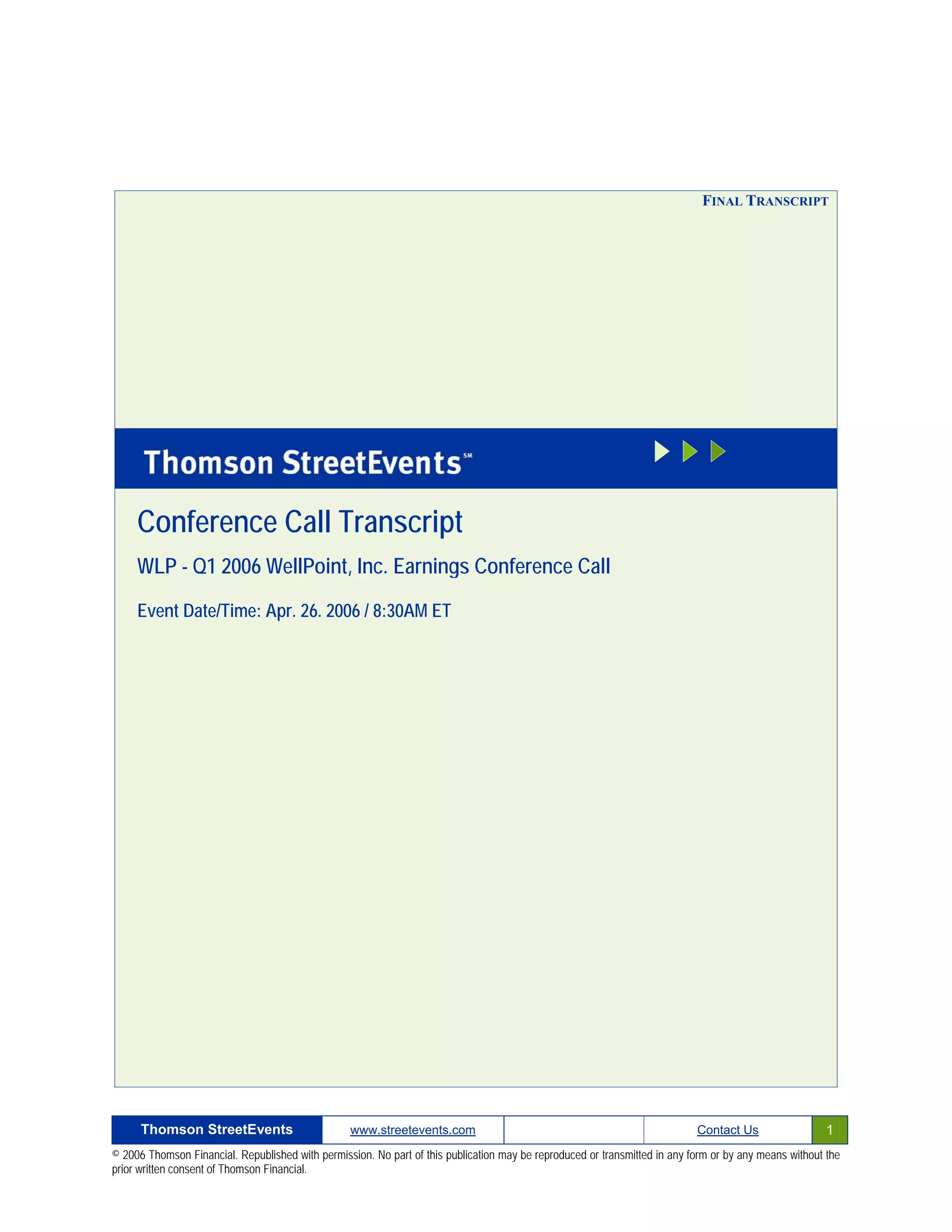 First Quarter 2006 Earnings Conference Call Transcript