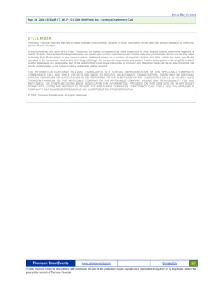 First Quarter 2006 Earnings Conference Call Transcript