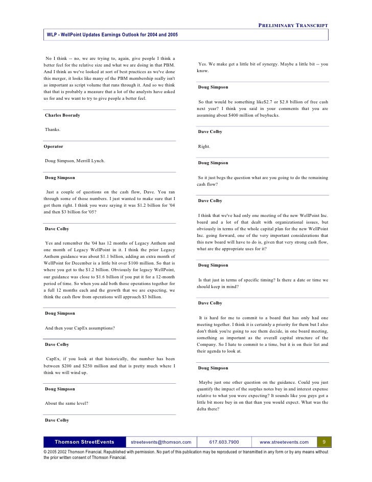 WellPoint Guidance Conference Call Transcript