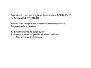 Se utilizará como estrategia de Evaluación el PORTAFOLIO
en formato ELECTRÓNICO.
Servirá para recopilar las evidencias recopiladas en la
Asignatura de acuerdo a:
1.- Los resultados de aprendizaje
2.- Las competencias genéricas y/o específicas
-Sus niveles e indicadores.
 