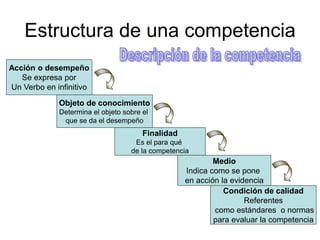 Estructura de una competencia
Acción o desempeño
Se expresa por
Un Verbo en infinitivo
Objeto de conocimiento
Determina el objeto sobre el
que se da el desempeño
Finalidad
Es el para qué
de la competencia
Medio
Indica como se pone
en acción la evidencia
Condición de calidad
Referentes
como estándares o normas
para evaluar la competencia
 
