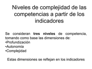 Niveles de complejidad de las
competencias a partir de los
indicadores
Se consideran tres niveles de competencia,
tomando como base las dimensiones de:
•Profundización
•Autonomía
•Complejidad
Estas dimensiones se reflejan en los indicadores
 