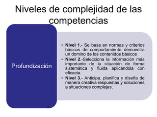 Niveles de complejidad de las
competencias
• Nivel 1.- Se basa en normas y criterios
básicos de comportamiento demuestra
un domino de los contenidos básicos
• Nivel 2.-Selecciona la información más
importante de la situación de forma
sistemática y fluida aplicándola con
eficacia.
• Nivel 3.- Anticipa, planifica y diseña de
manera creativa respuestas y soluciones
a situaciones complejas.
Profundización
 
