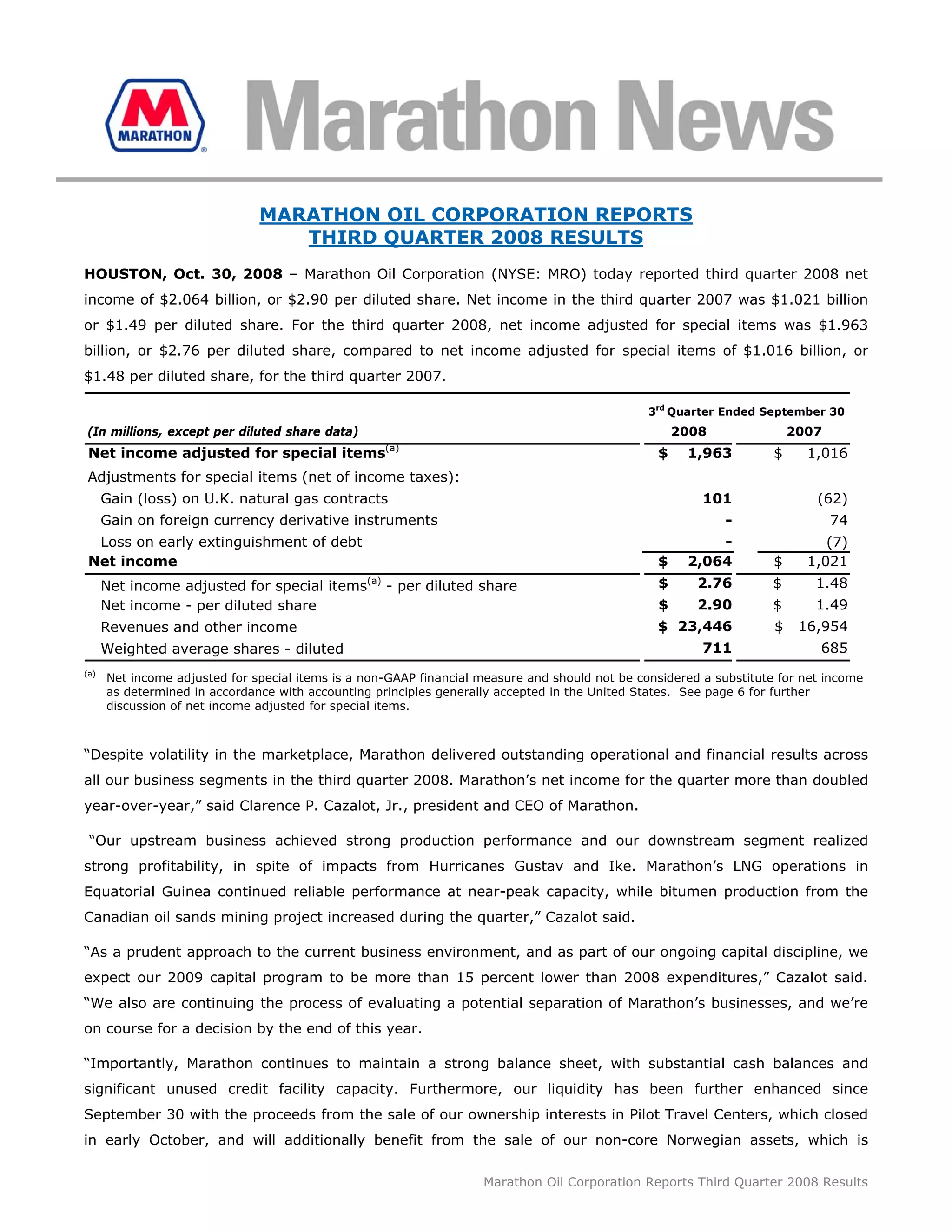 marathon oil 3rd Quarter 2008