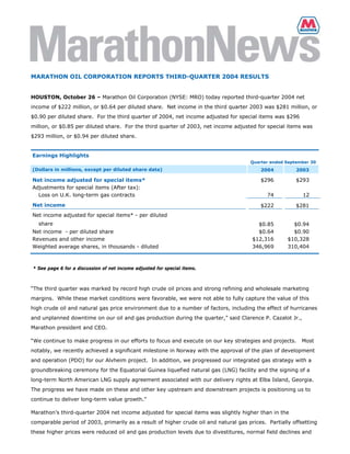 MARATHON OIL CORPORATION REPORTS THIRD-QUARTER 2004 RESULTS


HOUSTON, October 26 – Marathon Oil Corporation (NYSE: MRO) today reported third-quarter 2004 net
income of $222 million, or $0.64 per diluted share. Net income in the third quarter 2003 was $281 million, or
$0.90 per diluted share. For the third quarter of 2004, net income adjusted for special items was $296
million, or $0.85 per diluted share. For the third quarter of 2003, net income adjusted for special items was
$293 million, or $0.94 per diluted share.


Earnings Highlights
                                                                                      Quarter ended September 30
(Dollars in millions, except per diluted share data)                                      2004          2003

Net income adjusted for special items*                                                    $296          $293
Adjustments for special items (After tax):
  Loss on U.K. long-term gas contracts                                                       74            12
Net income                                                                                $222          $281
Net income adjusted for special items* - per diluted
   share                                                                                 $0.85         $0.94
Net income - per diluted share                                                           $0.64         $0.90
Revenues and other income                                                              $12,316       $10,328
Weighted average shares, in thousands - diluted                                        346,969       310,404



* See page 6 for a discussion of net income adjusted for special items.



“The third quarter was marked by record high crude oil prices and strong refining and wholesale marketing
margins. While these market conditions were favorable, we were not able to fully capture the value of this
high crude oil and natural gas price environment due to a number of factors, including the effect of hurricanes
and unplanned downtime on our oil and gas production during the quarter,” said Clarence P. Cazalot Jr.,
Marathon president and CEO.

“We continue to make progress in our efforts to focus and execute on our key strategies and projects.     Most
notably, we recently achieved a significant milestone in Norway with the approval of the plan of development
and operation (PDO) for our Alvheim project. In addition, we progressed our integrated gas strategy with a
groundbreaking ceremony for the Equatorial Guinea liquefied natural gas (LNG) facility and the signing of a
long-term North American LNG supply agreement associated with our delivery rights at Elba Island, Georgia.
The progress we have made on these and other key upstream and downstream projects is positioning us to
continue to deliver long-term value growth.”

Marathon’s third-quarter 2004 net income adjusted for special items was slightly higher than in the
comparable period of 2003, primarily as a result of higher crude oil and natural gas prices. Partially offsetting
these higher prices were reduced oil and gas production levels due to divestitures, normal field declines and
 