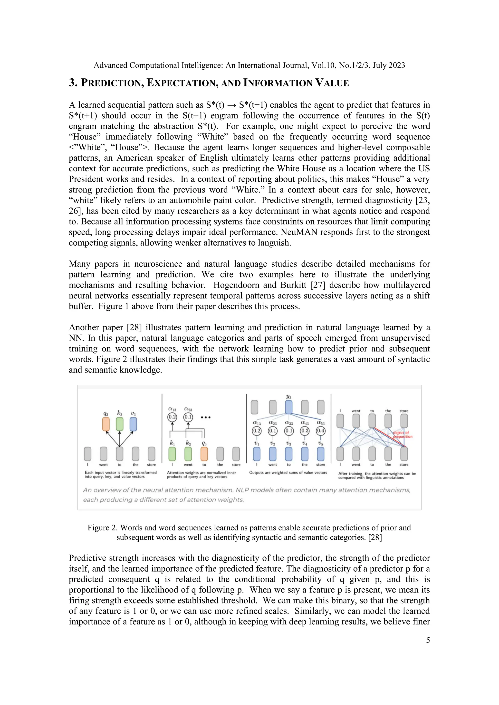 Advanced Computational Intelligence: An International Journal, Vol.10, No.1/2/3, July 2023
5
3. PREDICTION, EXPECTATION, AND INFORMATION VALUE
A learned sequential pattern such as S*(t) → S*(t+1) enables the agent to predict that features in
S*(t+1) should occur in the S(t+1) engram following the occurrence of features in the S(t)
engram matching the abstraction S*(t). For example, one might expect to perceive the word
“House” immediately following “White” based on the frequently occurring word sequence
<”White”, “House”>. Because the agent learns longer sequences and higher-level composable
patterns, an American speaker of English ultimately learns other patterns providing additional
context for accurate predictions, such as predicting the White House as a location where the US
President works and resides. In a context of reporting about politics, this makes “House” a very
strong prediction from the previous word “White.” In a context about cars for sale, however,
“white” likely refers to an automobile paint color. Predictive strength, termed diagnosticity [23,
26], has been cited by many researchers as a key determinant in what agents notice and respond
to. Because all information processing systems face constraints on resources that limit computing
speed, long processing delays impair ideal performance. NeuMAN responds first to the strongest
competing signals, allowing weaker alternatives to languish.
Many papers in neuroscience and natural language studies describe detailed mechanisms for
pattern learning and prediction. We cite two examples here to illustrate the underlying
mechanisms and resulting behavior. Hogendoorn and Burkitt [27] describe how multilayered
neural networks essentially represent temporal patterns across successive layers acting as a shift
buffer. Figure 1 above from their paper describes this process.
Another paper [28] illustrates pattern learning and prediction in natural language learned by a
NN. In this paper, natural language categories and parts of speech emerged from unsupervised
training on word sequences, with the network learning how to predict prior and subsequent
words. Figure 2 illustrates their findings that this simple task generates a vast amount of syntactic
and semantic knowledge.
Figure 2. Words and word sequences learned as patterns enable accurate predictions of prior and
subsequent words as well as identifying syntactic and semantic categories. [28]
Predictive strength increases with the diagnosticity of the predictor, the strength of the predictor
itself, and the learned importance of the predicted feature. The diagnosticity of a predictor p for a
predicted consequent q is related to the conditional probability of q given p, and this is
proportional to the likelihood of q following p. When we say a feature p is present, we mean its
firing strength exceeds some established threshold. We can make this binary, so that the strength
of any feature is 1 or 0, or we can use more refined scales. Similarly, we can model the learned
importance of a feature as 1 or 0, although in keeping with deep learning results, we believe finer
 