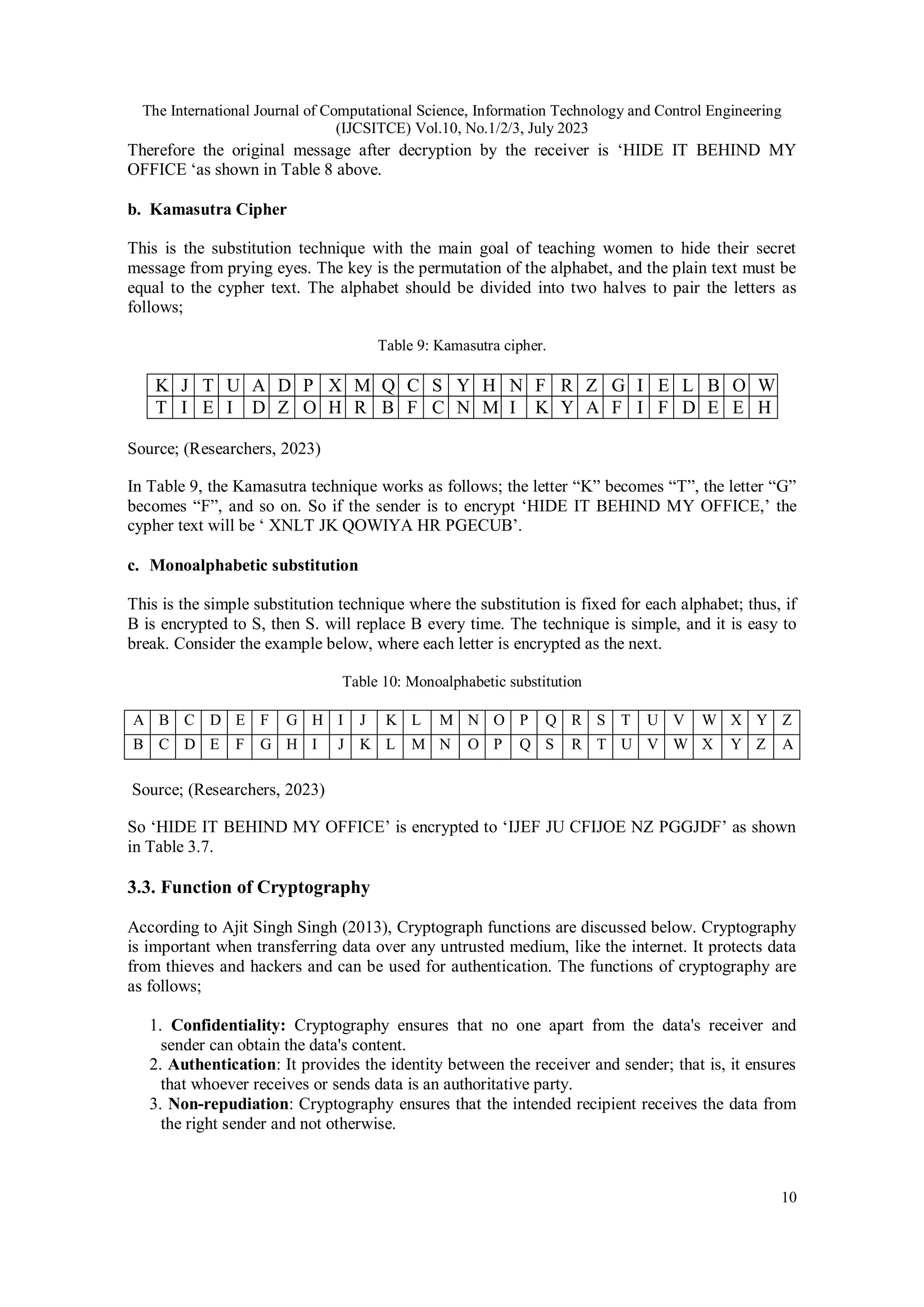 The International Journal of Computational Science, Information Technology and Control Engineering
(IJCSITCE) Vol.10, No.1/2/3, July 2023
10
Therefore the original message after decryption by the receiver is ‘HIDE IT BEHIND MY
OFFICE ‘as shown in Table 8 above.
b. Kamasutra Cipher
This is the substitution technique with the main goal of teaching women to hide their secret
message from prying eyes. The key is the permutation of the alphabet, and the plain text must be
equal to the cypher text. The alphabet should be divided into two halves to pair the letters as
follows;
Table 9: Kamasutra cipher.
K J T U A D P X M Q C S Y H N F R Z G I E L B O W
T I E I D Z O H R B F C N M I K Y A F I F D E E H
Source; (Researchers, 2023)
In Table 9, the Kamasutra technique works as follows; the letter “K” becomes “T”, the letter “G”
becomes “F”, and so on. So if the sender is to encrypt ‘HIDE IT BEHIND MY OFFICE,’ the
cypher text will be ‘ XNLT JK QOWIYA HR PGECUB’.
c. Monoalphabetic substitution
This is the simple substitution technique where the substitution is fixed for each alphabet; thus, if
B is encrypted to S, then S. will replace B every time. The technique is simple, and it is easy to
break. Consider the example below, where each letter is encrypted as the next.
Table 10: Monoalphabetic substitution
A B C D E F G H I J K L M N O P Q R S T U V W X Y Z
B C D E F G H I J K L M N O P Q S R T U V W X Y Z A
Source; (Researchers, 2023)
So ‘HIDE IT BEHIND MY OFFICE’ is encrypted to ‘IJEF JU CFIJOE NZ PGGJDF’ as shown
in Table 3.7.
3.3. Function of Cryptography
According to Ajit Singh Singh (2013), Cryptograph functions are discussed below. Cryptography
is important when transferring data over any untrusted medium, like the internet. It protects data
from thieves and hackers and can be used for authentication. The functions of cryptography are
as follows;
1. Confidentiality: Cryptography ensures that no one apart from the data's receiver and
sender can obtain the data's content.
2. Authentication: It provides the identity between the receiver and sender; that is, it ensures
that whoever receives or sends data is an authoritative party.
3. Non-repudiation: Cryptography ensures that the intended recipient receives the data from
the right sender and not otherwise.
 