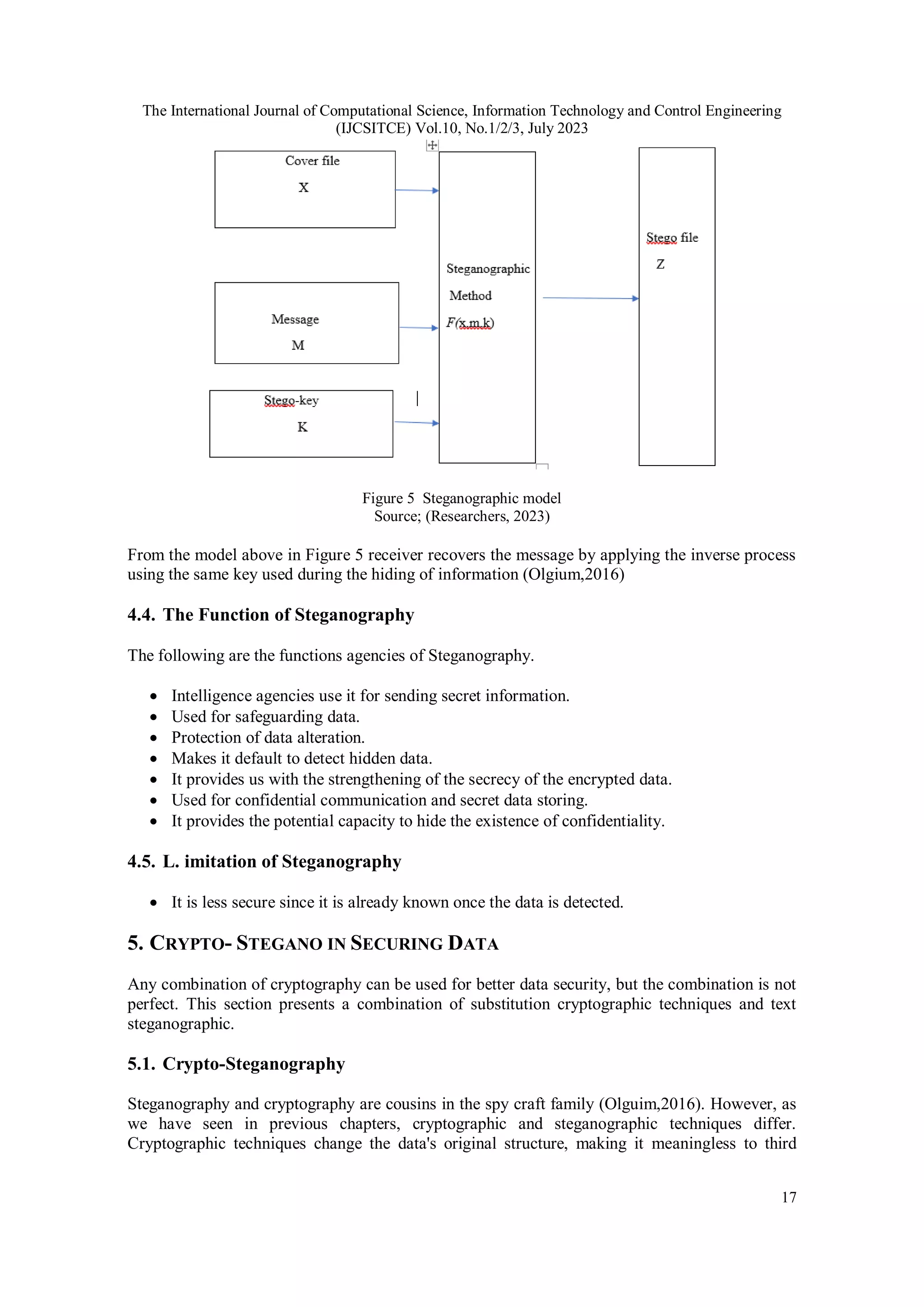 The International Journal of Computational Science, Information Technology and Control Engineering
(IJCSITCE) Vol.10, No.1/2/3, July 2023
17
Figure 5 Steganographic model
Source; (Researchers, 2023)
From the model above in Figure 5 receiver recovers the message by applying the inverse process
using the same key used during the hiding of information (Olgium,2016)
4.4. The Function of Steganography
The following are the functions agencies of Steganography.
 Intelligence agencies use it for sending secret information.
 Used for safeguarding data.
 Protection of data alteration.
 Makes it default to detect hidden data.
 It provides us with the strengthening of the secrecy of the encrypted data.
 Used for confidential communication and secret data storing.
 It provides the potential capacity to hide the existence of confidentiality.
4.5. L. imitation of Steganography
 It is less secure since it is already known once the data is detected.
5. CRYPTO- STEGANO IN SECURING DATA
Any combination of cryptography can be used for better data security, but the combination is not
perfect. This section presents a combination of substitution cryptographic techniques and text
steganographic.
5.1. Crypto-Steganography
Steganography and cryptography are cousins in the spy craft family (Olguim,2016). However, as
we have seen in previous chapters, cryptographic and steganographic techniques differ.
Cryptographic techniques change the data's original structure, making it meaningless to third
 