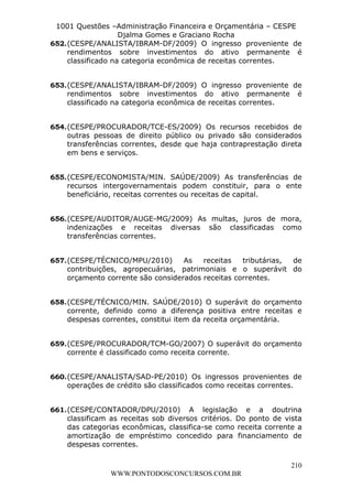 Leonardo Rodrigues Lourei99110580182


                   1001 Questões –Administração Financeira e Orçamentária – CESPE
                                      Djalma Gomes e Graciano Rocha
                  652. (CESPE/ANALISTA/IBRAM-DF/2009) O ingresso proveniente de
                       rendimentos sobre investimentos do ativo permanente é
                       classificado na categoria econômica de receitas correntes.


                  653. (CESPE/ANALISTA/IBRAM-DF/2009) O ingresso proveniente de
                       rendimentos sobre investimentos do ativo permanente é
                       classificado na categoria econômica de receitas correntes.


                  654. (CESPE/PROCURADOR/TCE-ES/2009) Os recursos recebidos de
                       outras pessoas de direito público ou privado são considerados
                       transferências correntes, desde que haja contraprestação direta
                       em bens e serviços.


                  655. (CESPE/ECONOMISTA/MIN. SAÚDE/2009) As transferências de
                       recursos intergovernamentais podem constituir, para o ente
                       beneficiário, receitas correntes ou receitas de capital.


                  656. (CESPE/AUDITOR/AUGE-MG/2009) As multas, juros de mora,
                       indenizações e receitas diversas são classificadas como
                       transferências correntes.


                  657. (CESPE/TÉCNICO/MPU/2010)       As   receitas   tributárias, de
                       contribuições, agropecuárias, patrimoniais e o superávit do
                       orçamento corrente são considerados receitas correntes.


                  658. (CESPE/TÉCNICO/MIN. SAÚDE/2010) O superávit do orçamento
                       corrente, definido como a diferença positiva entre receitas e
                       despesas correntes, constitui item da receita orçamentária.


                  659. (CESPE/PROCURADOR/TCM-GO/2007) O superávit do orçamento
                       corrente é classificado como receita corrente.


                  660. (CESPE/ANALISTA/SAD-PE/2010) Os ingressos provenientes de
                       operações de crédito são classificados como receitas correntes.


                  661. (CESPE/CONTADOR/DPU/2010) A legislação e a doutrina
                       classificam as receitas sob diversos critérios. Do ponto de vista
                       das categorias econômicas, classifica-se como receita corrente a
                       amortização de empréstimo concedido para financiamento de
                       despesas correntes.

                                                                                     210
                                       WWW.PONTODOSCONCURSOS.COM.BR
 