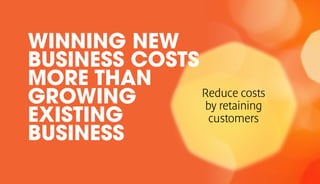 WINNING NEW
BUSINESS COSTS
MORE THAN
GROWING
EXISTING
BUSINESS
Reduce costs
by retaining
customers
 