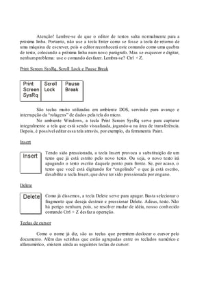 Atenção! Lembre-se de que o editor de textos salta normalmente para a
próxima linha. Portanto, não use a tecla Enter como se fosse a tecla de retorno de
uma máquina de escrever, pois o editor reconhecerá este comando como uma quebra
de texto, colocando a próxima linha num novo parágrafo. Mas se esquecer e digitar,
nenhumproblema: use o comando desfazer. Lembra-se? Ctrl + Z.
Print Screen SysRq, Scroll Lock e Pause Break
São teclas muito utilizadas em ambiente DOS, servindo para avanço e
interrupção da “rolagens” de dados pela tela do micro.
No ambiente Windows, a tecla Print Screen SysRq serve para capturar
integralmente a tela que está sendo visualizada, jogando-a na área de transferência.
Depois, é possível editar essa tela através, por exemplo, da ferramenta Paint.
Insert
Tendo sido pressionada, a tecla Insert provoca a substituição de um
texto que já está estrito pelo novo texto. Ou seja, o novo texto irá
apagando o texto escrito daquele ponto para frente. Se, por acaso, o
texto que você está digitando for “engolindo” o que já está escrito,
desabilite a tecla Insert, que deve ter sido pressionada por engano.
Delete
Como já dissemos, a tecla Delete serve para apagar. Basta selecionar o
fragmento que deseja destruir e pressionar Delete. Adeus, texto. Não
há perigo nenhum, pois, se resolver mudar de idéia, nosso conhecido
comando Ctrl + Z desfaz a operação.
Teclas de cursor
Como o nome já diz, são as teclas que permitem deslocar o cursor pelo
documento. Além das setinhas que estão agrupadas entre os teclados numérico e
alfanumérico, existem ainda as seguintes teclas de cursor:
 