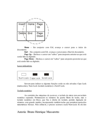 Autoria: Bruno Henrique Massarotto
Home – Em conjunto com Ctrl, avança o cursor para o início do
documento.
End – Em conjunto comCtrl, avança o cursor para o final do documento.
Page Up – Desloca o cursor em “saltos” para umponto anterior ao que está
sendo lido ou digitado.
Page Down – Desloca o cursor em “saltos” para umponto posterior ao que
está sendo lido ou digitado.
Luses indicadoras
Servem para indicar se algumas funções estão ou não ativadas: Caps Lock
(maiúsculas), Num Lock (teclado numérico) e Scroll Lock.
Teclado numérico
Ao contrário das máquinas de escrever, o teclado do micro tem um teclado
numérico separado. Permanecem os números da quarta fileira de teclas, mas o
teclado numérico em bloco, que fica à direita do teclado, permite digitação de
números com grande rapidez, incorporando também teclas que permitem operações
matemáticas básicas. Para utiliza-lo, é preciso acionar a tecla Num Lock. Se ela não
 
