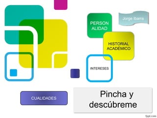 Pincha y
descúbreme
PERSON
ALIDAD
HISTORIAL
ACADÉMICO
INTERESES
CUALIDADES
Jorge IbarraJorge Ibarra
 