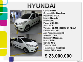 Color: Blanco
Combustible: Gasolina
Recorrido: 27000
Marca: Hyundai
Modelo: I10
Placa: MUX-088
Año: 2014
Versión: GL MT 1100CC 5P FE AA
Frenos ABS: No
Aire Acondicionado: Sí
Asientos: Tela
Dirección: Mecánica
Motor: 1100
Sonido: MP3
Tracción: 4x2
Transmisión: Mecánica
Vidrios: Eléctricos
$ 23.000.000
 