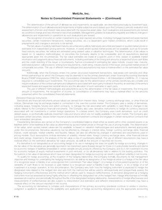The determination of the amount of allowances and impairments, as applicable, are described previously by investment type.
The determination of such allowances and impairments is highly subjective and is based upon the Company’s periodic evaluation and
assessment of known and inherent risks associated with the respective asset class. Such evaluations and assessments are revised
as conditions change and new information becomes available. Management updates its evaluations regularly and reflects changes in
allowances and impairments in operations as such evaluations are revised.
The recognition of income on certain investments (e.g. loan-backed securities, including mortgage-backed and asset-backed
securities, certain investment transactions, trading securities, etc.) is dependent upon market conditions, which could result in
prepayments and changes in amounts to be earned.
The fair values of publicly held fixed maturity securities and publicly held equity securities are based on quoted market prices or
estimates from independent pricing services. However, in cases where quoted market prices are not available, such as for private
fixed maturity securities, fair values are estimated using present value or valuation techniques. The determination of fair values is
based on: (i) valuation methodologies; (ii) securities the Company deems to be comparable; and (iii) assumptions deemed
appropriate given the circumstances. The fair value estimates are made at a specific point in time, based on available market
information and judgments about financial instruments, including estimates of the timing and amounts of expected future cash flows
and the credit standing of the issuer or counterparty. Factors considered in estimating fair value include: coupon rate, maturity,
estimated duration, call provisions, sinking fund requirements, credit rating, industry sector of the issuer, and quoted market prices of
comparable securities. The use of different methodologies and assumptions may have a material effect on the estimated fair value
amounts.
Additionally, when the Company enters into certain structured investment transactions, real estate joint ventures and other
limited partnerships for which the Company may be deemed to be the primary beneficiary under Financial Accounting Standards
Board (“FASB”) Interpretation (“FIN”) No. 46(r), Consolidation of Variable Interest Entities — An Interpretation of ARB No. 51, it may be
required to consolidate such investments. The accounting rules for the determination of the primary beneficiary are complex and
require evaluation of the contractual rights and obligations associated with each party involved in the entity, an estimate of the entity’s
expected losses and expected residual returns and the allocation of such estimates to each party.
The use of different methodologies and assumptions as to the determination of the fair value of investments, the timing and
amount of impairments, the recognition of income, or consolidation of investments may have a material effect on the amounts
presented within the consolidated financial statements.
Derivative Financial Instruments
Derivatives are financial instruments whose values are derived from interest rates, foreign currency exchange rates, or other financial
indices. Derivatives may be exchange-traded or contracted in the over-the-counter market. The Company uses a variety of derivatives,
including swaps, forwards, futures and option contracts, to manage the risk associated with variability in cash flows or changes in fair
values related to the Company’s financial instruments. The Company also uses derivative instruments to hedge its currency exposure
associated with net investments in certain foreign operations. To a lesser extent, the Company uses credit derivatives, such as credit
default swaps, to synthetically replicate investment risks and returns which are not readily available in the cash market. The Company also
purchases certain securities, issues certain insurance policies and investment contracts and engages in certain reinsurance contracts that
have embedded derivatives.
Freestanding derivatives are carried on the Company’s consolidated balance sheet either as assets within other invested assets or as
liabilities within other liabilities at fair value as determined by quoted market prices or through the use of pricing models. The determination
of fair value, when quoted market values are not available, is based on valuation methodologies and assumptions deemed appropriate
under the circumstances. Derivative valuations can be affected by changes in interest rates, foreign currency exchange rates, financial
indices, credit spreads, market volatility, and liquidity. Values can also be affected by changes in estimates and assumptions used in
pricing models. Such assumptions include estimates of volatility, interest rates, foreign currency exchange rates, other financial indices
and credit ratings. Essential to the analysis of the fair value is risk of counterparty default. The use of different assumptions may have a
material effect on the estimated derivative fair value amounts, as well as the amount of reported net income.
If a derivative is not designated as an accounting hedge or its use in managing risk does not qualify for hedge accounting, changes in
the fair value of the derivative are generally reported in net investment gains (losses) except for those (i) in policyholder benefits and claims
for economic hedges of liabilities embedded in certain variable annuity products offered by the Company, and (ii) in net investment income
for economic hedges of equity method investments in joint ventures, or for all derivatives held in relation to the trading portfolios. The
fluctuations in fair value of derivatives which have not been designated for hedge accounting can result in significant volatility in net income.
To qualify for hedge accounting, at the inception of the hedging relationship, the Company formally documents its risk management
objective and strategy for undertaking the hedging transaction, as well as its designation of the hedge as either (i) a hedge of the fair value
of a recognized asset or liability or an unrecognized firm commitment (“fair value hedge”); (ii) a hedge of a forecasted transaction or of the
variability of cash flows to be received or paid related to a recognized asset or liability (“cash flow hedge”); or (iii) a hedge of a net
investment in a foreign operation. In this documentation, the Company sets forth how the hedging instrument is expected to hedge the
designated risks related to the hedged item and sets forth the method that will be used to retrospectively and prospectively assess the
hedging instrument’s effectiveness and the method which will be used to measure ineffectiveness. A derivative designated as a hedging
instrument must be assessed as being highly effective in offsetting the designated risk of the hedged item. Hedge effectiveness is formally
assessed at inception and periodically throughout the life of the designated hedging relationship. Assessments of hedge effectiveness and
measurements of ineffectiveness are also subject to interpretation and estimation and different interpretations or estimates may have a
material effect on the amount reported in net income.
The accounting for derivatives is complex and interpretations of the primary accounting standards continue to evolve in practice.
Judgment is applied in determining the availability and application of hedge accounting designations and the appropriate accounting
F-10 MetLife, Inc.
MetLife, Inc.
Notes to Consolidated Financial Statements — (Continued)
 