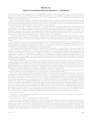 treatment under these accounting standards. If it was determined that hedge accounting designations were not appropriately applied,
reported net income could be materially affected. Differences in judgment as to the availability and application of hedge accounting
designations and the appropriate accounting treatment may result in a differing impact on the consolidated financial statements of the
Company from that previously reported.
Under a fair value hedge, changes in the fair value of the hedging derivative, including amounts measured as ineffectiveness, and
changes in the fair value of the hedged item related to the designated risk being hedged, are reported within net investment gains (losses).
The fair values of the hedging derivatives are exclusive of any accruals that are separately reported in the consolidated statement of income
within interest income or interest expense to match the location of the hedged item.
Under a cash flow hedge, changes in the fair value of the hedging derivative measured as effective are reported within other
comprehensive income (loss), a separate component of stockholders’ equity, and the deferred gains or losses on the derivative are
reclassified into the consolidated statement of income when the Company’s earnings are affected by the variability in cash flows of the
hedged item. Changes in the fair value of the hedging instrument measured as ineffectiveness are reported within net investment gains
(losses). The fair values of the hedging derivatives are exclusive of any accruals that are separately reported in the consolidated statement
of income within interest income or interest expense to match the location of the hedged item.
In a hedge of a net investment in a foreign operation, changes in the fair value of the hedging derivative that are measured as effective
are reported within other comprehensive income (loss) consistent with the translation adjustment for the hedged net investment in the
foreign operation. Changes in the fair value of the hedging instrument measured as ineffectiveness are reported within net investment gains
(losses).
The Company discontinues hedge accounting prospectively when: (i) it is determined that the derivative is no longer highly effective in
offsetting changes in the fair value or cash flows of a hedged item; (ii) the derivative expires, is sold, terminated, or exercised; (iii) it is no
longer probable that the hedged forecasted transaction will occur; (iv) a hedged firm commitment no longer meets the definition of a firm
commitment; or (v) the derivative is de-designated as a hedging instrument.
When hedge accounting is discontinued because it is determined that the derivative is not highly effective in offsetting changes in the
fair value or cash flows of a hedged item, the derivative continues to be carried on the consolidated balance sheet at its fair value, with
changes in fair value recognized currently in net investment gains (losses). The carrying value of the hedged recognized asset or liability
under a fair value hedge is no longer adjusted for changes in its fair value due to the hedged risk, and the cumulative adjustment to its
carrying value is amortized into income over the remaining life of the hedged item. Provided the hedged forecasted transaction is still
probable of occurrence, the changes in fair value of derivatives recorded in other comprehensive income (loss) related to discontinued
cash flow hedges are released into the consolidated statement of income when the Company’s earnings are affected by the variability in
cash flows of the hedged item.
When hedge accounting is discontinued because it is no longer probable that the forecasted transactions will occur by the end of the
specified time period or the hedged item no longer meets the definition of a firm commitment, the derivative continues to be carried on the
consolidated balance sheet at its fair value, with changes in fair value recognized currently in net investment gains (losses). Any asset or
liability associated with a recognized firm commitment is derecognized from the consolidated balance sheet, and recorded currently in net
investment gains (losses). Deferred gains and losses of a derivative recorded in other comprehensive income (loss) pursuant to the cash
flow hedge of a forecasted transaction are recognized immediately in net investment gains (losses).
In all other situations in which hedge accounting is discontinued, the derivative is carried at its fair value on the consolidated balance
sheet, with changes in its fair value recognized in the current period as net investment gains (losses).
The Company is also a party to financial instruments that contain terms which are deemed to be embedded derivatives. The Company
assesses each identified embedded derivative to determine whether it is required to be bifurcated. If the instrument would not be
accounted for in its entirety at fair value and it is determined that the terms of the embedded derivative are not clearly and closely related to
the economic characteristics of the host contract, and that a separate instrument with the same terms would qualify as a derivative
instrument, the embedded derivative is bifurcated from the host contract and accounted for as a freestanding derivative. Such embedded
derivatives are carried on the consolidated balance sheet at fair value with the host contract and changes in their fair value are reported
currently in net investment gains (losses). If the Company is unable to properly identify and measure an embedded derivative for separation
from its host contract, the entire contract is carried on the balance sheet at fair value, with changes in fair value recognized in the current
period in net investment gains (losses). Additionally, the Company may elect to carry an entire contract on the balance sheet at fair value,
with changes in fair value recognized in the current period in net investment gains (losses) if that contract contains an embedded derivative
that requires bifurcation. There is a risk that embedded derivatives requiring bifurcation may not be identified and reported at fair value in
the consolidated financial statements and that their related changes in fair value could materially affect reported net income.
Cash and Cash Equivalents
The Company considers all highly liquid investments purchased with an original or remaining maturity of three months or less at the date
of purchase to be cash equivalents.
Property, Equipment, Leasehold Improvements and Computer Software
Property, equipment and leasehold improvements, which are included in other assets, are stated at cost, less accumulated depre-
ciation and amortization. Depreciation is determined using either the straight-line or sum-of-the-years-digits method over the estimated
useful lives of the assets, as appropriate. The estimated life for company occupied real estate property is generally 40 years. Estimated
lives generally range from five to ten years for leasehold improvements and three to seven years for all other property and equipment. The
cost basis of the property, equipment and leasehold improvements was $1.6 billion and $1.5 billion at December 31, 2007 and 2006,
respectively. Accumulated depreciation and amortization of property, equipment and leasehold improvements was $828 million and
F-11MetLife, Inc.
MetLife, Inc.
Notes to Consolidated Financial Statements — (Continued)
 