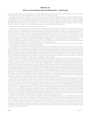 $721 million at December 31, 2007 and 2006, respectively. Related depreciation and amortization expense was $136 million, $129 million
and $117 million for the years ended December 31, 2007, 2006 and 2005, respectively.
Computer software, which is included in other assets, is stated at cost, less accumulated amortization. Purchased software costs, as
well as certain internal and external costs incurred to develop internal-use computer software during the application development stage,
are capitalized. Such costs are amortized generally over a four-year period using the straight-line method. The cost basis of computer
software was $1.4 billion and $1.2 billion at December 31, 2007 and 2006, respectively. Accumulated amortization of capitalized software
was $876 million and $752 million at December 31, 2007 and 2006, respectively. Related amortization expense was $126 million,
$112 million and $111 million for the years ended December 31, 2007, 2006 and 2005, respectively.
Deferred Policy Acquisition Costs and Value of Business Acquired
The Company incurs significant costs in connection with acquiring new and renewal insurance business. Costs that vary with and relate
to the production of new business are deferred as DAC. Such costs consist principally of commissions and agency and policy issue
expenses. VOBA is an intangible asset that reflects the estimated fair value of in-force contracts in a life insurance company acquisition and
represents the portion of the purchase price that is allocated to the value of the right to receive future cash flows from the business in-force
at the acquisition date. VOBA is based on actuarially determined projections, by each block of business, of future policy and contract
charges, premiums, mortality and morbidity, separate account performance, surrenders, operating expenses, investment returns and other
factors. Actual experience on the purchased business may vary from these projections. The recovery of DAC and VOBA is dependent upon
the future profitability of the related business. DAC and VOBA are aggregated in the financial statements for reporting purposes.
DAC for property and casualty insurance contracts, which is primarily composed of commissions and certain underwriting expenses, is
amortized on a pro rata basis over the applicable contract term or reinsurance treaty.
DAC and VOBA on life insurance or investment-type contracts are amortized in proportion to gross premiums, gross margins or gross
profits, depending on the type of contract as described below.
The Company amortizes DAC and VOBA related to non-participating and non-dividend-paying traditional contracts (term insurance,
non-participating whole life insurance, non-medical health insurance, and traditional group life insurance) over the entire premium paying
period in proportion to the present value of actual historic and expected future gross premiums. The present value of expected premiums is
based upon the premium requirement of each policy and assumptions for mortality, morbidity, persistency, and investment returns at policy
issuance, or policy acquisition, as it relates to VOBA, that include provisions for adverse deviation and are consistent with the assumptions
used to calculate future policyholder benefit liabilities. These assumptions are not revised after policy issuance or acquisition unless the
DAC or VOBA balance is deemed to be unrecoverable from future expected profits. Absent a premium deficiency, variability in amortization
after policy issuance or acquisition is caused only by variability in premium volumes.
The Company amortizes DAC and VOBA related to participating, dividend-paying traditional contracts over the estimated lives of the
contracts in proportion to actual and expected future gross margins. The amortization includes interest based on rates in effect at inception
or acquisition of the contracts. The future gross margins are dependent principally on investment returns, policyholder dividend scales,
mortality, persistency, expenses to administer the business, creditworthiness of reinsurance counterparties, and certain economic
variables, such as inflation. For participating contracts (dividend paying traditional contracts within the closed block) future gross margins
are also dependent upon changes in the policyholder dividend obligation. Of these factors, the Company anticipates that investment
returns, expenses, persistency, and other factor changes and policyholder dividend scales are reasonably likely to impact significantly the
rate of DAC and VOBA amortization. Each reporting period, the Company updates the estimated gross margins with the actual gross
margins for that period. When the actual gross margins change from previously estimated gross margins, the cumulative DAC and VOBA
amortization is re-estimated and adjusted by a cumulative charge or credit to current operations. When actual gross margins exceed those
previously estimated, the DAC and VOBA amortization will increase, resulting in a current period charge to earnings. The opposite result
occurs when the actual gross margins are below the previously estimated gross margins. Each reporting period, the Company also
updates the actual amount of business in-force, which impacts expected future gross margins.
The Company amortizes DAC and VOBA related to fixed and variable universal life contracts and fixed and variable deferred annuity
contracts over the estimated lives of the contracts in proportion to actual and expected future gross profits. The amortization includes
interest based on rates in effect at inception or acquisition of the contracts. The amount of future gross profits is dependent principally
upon returns in excess of the amounts credited to policyholders, mortality, persistency, interest crediting rates, expenses to administer the
business, creditworthiness of reinsurance counterparties, the effect of any hedges used, and certain economic variables, such as inflation.
Of these factors, the Company anticipates that investment returns, expenses, and persistency are reasonably likely to impact significantly
the rate of DAC and VOBA amortization. Each reporting period, the Company updates the estimated gross profits with the actual gross
profits for that period. When the actual gross profits change from previously estimated gross profits, the cumulative DAC and VOBA
amortization is re-estimated and adjusted by a cumulative charge or credit to current operations. When actual gross profits exceed those
previously estimated, the DAC and VOBA amortization will increase, resulting in a current period charge to earnings. The opposite result
occurs when the actual gross profits are below the previously estimated gross profits. Each reporting period, the Company also updates
the actual amount of business remaining in-force, which impacts expected future gross profits.
Separate account rates of return on variable universal life contracts and variable deferred annuity contracts affect in-force account
balances on such contracts each reporting period. Returns that are higher than the Company’s long-term expectation produce higher
account balances, which increases the Company’s future fee expectations and decreases future benefit payment expectations on
minimum death benefit guarantees, resulting in higher expected future gross profits. The opposite result occurs when returns are lower
than the Company’s long-term expectation. The Company’s practice to determine the impact of gross profits resulting from returns on
separate accounts assumes that long-term appreciation in equity markets is not changed by short-term market fluctuations, but is only
changed when sustained interim deviations are expected. The Company monitors these changes and only changes the assumption when
its long-term expectation changes.
F-12 MetLife, Inc.
MetLife, Inc.
Notes to Consolidated Financial Statements — (Continued)
 