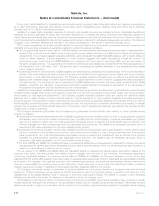 Future policy benefit liabilities for disabled lives are estimated using the present value of benefits method and experience assumptions
as to claim terminations, expenses and interest. Interest rates used in establishing such liabilities range from 3% to 8% for domestic
business and 2% to 10% for international business.
Liabilities for unpaid claims and claim expenses for property and casualty insurance are included in future policyholder benefits and
represent the amount estimated for claims that have been reported but not settled and claims incurred but not reported. Liabilities for
unpaid claims are estimated based upon the Company’s historical experience and other actuarial assumptions that consider the effects of
current developments, anticipated trends and risk management programs, reduced for anticipated salvage and subrogation. The effects of
changes in such estimated liabilities are included in the results of operations in the period in which the changes occur.
The Company establishes future policy benefit liabilities for minimum death and income benefit guarantees relating to certain annuity
contracts and secondary and paid-up guarantees relating to certain life policies as follows:
• Annuity guaranteed minimum death benefit (“GMDB”) liabilities are determined by estimating the expected value of death benefits in
excess of the projected account balance and recognizing the excess ratably over the accumulation period based on total expected
assessments. The Company regularly evaluates estimates used and adjusts the additional liability balance, with a related charge or
credit to benefit expense, if actual experience or other evidence suggests that earlier assumptions should be revised. The
assumptions used in estimating the GMDB liabilities are consistent with those used for amortizing DAC, and are thus subject to
the same variability and risk. The assumptions of investment performance and volatility are consistent with the historical experience of
the Standard & Poor’s 500 Index (“S&P”). The benefits used in calculating the liabilities are based on the average benefits payable
over a range of scenarios.
• Guaranteed minimum income benefit (“GMIB”) liabilities are determined by estimating the expected value of the income benefits in
excess of the projected account balance at any future date of annuitization and recognizing the excess ratably over the accumulation
period based on total expected assessments. The Company regularly evaluates estimates used and adjusts the additional liability
balance, with a related charge or credit to benefit expense, if actual experience or other evidence suggests that earlier assumptions
should be revised. The assumptions used for estimating the GMIB liabilities are consistent with those used for estimating the GMDB
liabilities. In addition, the calculation of guaranteed annuitization benefit liabilities incorporates an assumption for the percentage of
the potential annuitizations that may be elected by the contractholder.
Liabilities for universal and variable life secondary guarantees and paid-up guarantees are determined by estimating the expected value
of death benefits payable when the account balance is projected to be zero and recognizing those benefits ratably over the accumulation
period based on total expected assessments. The Company regularly evaluates estimates used and adjusts the additional liability
balances, with a related charge or credit to benefit expense, if actual experience or other evidence suggests that earlier assumptions
should be revised. The assumptions used in estimating the secondary and paid-up guarantee liabilities are consistent with those used for
amortizing DAC, and are thus subject to the same variability and risk. The assumptions of investment performance and volatility for variable
products are consistent with historical S&P experience. The benefits used in calculating the liabilities are based on the average benefits
payable over a range of scenarios.
The Company establishes policyholder account balances for guaranteed minimum benefit riders relating to certain variable annuity
products as follows:
• Guaranteed minimum withdrawal benefit riders (“GMWB”) guarantee the contractholder a return of their purchase payment via partial
withdrawals, even if the account value is reduced to zero, provided that the contractholder’s cumulative withdrawals in a contract
year do not exceed a certain limit. The initial guaranteed withdrawal amount is equal to the initial benefit base as defined in the
contract (typically, the initial purchase payments plus applicable bonus amounts). The GMWB is an embedded derivative, which is
measured at fair value separately from the host variable annuity product.
• Guaranteed minimum accumulation benefit riders (“GMAB”) provide the contractholder, after a specified period of time determined at
the time of issuance of the variable annuity contract, with a minimum accumulation of their purchase payments even if the account
value is reduced to zero. The initial guaranteed accumulation amount is equal to the initial benefit base as defined in the contract
(typically, the initial purchase payments plus applicable bonus amounts). The GMAB is also an embedded derivative, which is
measured at fair value separately from the host variable annuity product.
• For both GMWB and GMAB, the initial benefit base is increased by additional purchase payments made within a certain time period
and decreases by benefits paid and/or withdrawal amounts. After a specified period of time, the benefit base may also increase as a
result of an optional reset as defined in the contract.
The fair values of the GMWB and GMAB riders are calculated based on actuarial and capital market assumptions related to the
projected cash flows, including benefits and related contract charges, over the lives of the contracts, incorporating expectations
concerning policyholder behavior. In measuring the fair value of GMWBs and GMABs, the Company attributes a portion of the fees
collected from the policyholder equal to the present value of expected future guaranteed minimum withdrawal and accumulation benefits
(at inception). The changes in fair value are reported in net investment gains (losses). Any additional fees represent “excess” fees and are
reported in universal life and investment-type product policy fees. These riders may be more costly than expected in volatile or declining
markets, causing an increase in liabilities for future policy benefits, negatively affecting net income.
The Company periodically reviews its estimates of actuarial liabilities for future policy benefits and compares them with its actual
experience. Differences between actual experience and the assumptions used in pricing these policies, guarantees and riders and in the
establishment of the related liabilities result in variances in profit and could result in losses. The effects of changes in such estimated
liabilities are included in the results of operations in the period in which the changes occur.
Policyholder account balances relate to investment-type contracts and universal life-type policies. Investment-type contracts principally
include traditional individual fixed annuities in the accumulation phase and non-variable group annuity contracts. Policyholder account
balances are equal to (i) policy account values, which consist of an accumulation of gross premium payments; (ii) credited interest, ranging
F-14 MetLife, Inc.
MetLife, Inc.
Notes to Consolidated Financial Statements — (Continued)
 
