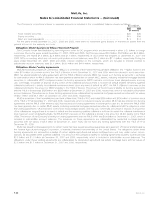 The Company’s proportional interest in separate accounts is included in the consolidated balance sheets as follows:
2007 2006
December 31,
(In millions)
Fixed maturity securities . . . . . . . . . . . . . . . . . . . . . . . . . . . . . . . . . . . . . . . . . . . . . . . . . . . . . . $35 $30
Equity securities . . . . . . . . . . . . . . . . . . . . . . . . . . . . . . . . . . . . . . . . . . . . . . . . . . . . . . . . . . . $41 $36
Cash and cash equivalents . . . . . . . . . . . . . . . . . . . . . . . . . . . . . . . . . . . . . . . . . . . . . . . . . . . . $ 5 $ 5
For the years ended December 31, 2007, 2006 and 2005, there were no investment gains (losses) on transfers of assets from the
general account to the separate accounts.
Obligations Under Guaranteed Interest Contract Program
The Company issues fixed and floating rate obligations under its GIC program which are denominated in either U.S. dollars or foreign
currencies. During the years ended December 31, 2007, 2006 and 2005, the Company issued $5.2 billion, $5.2 billion and $4.0 billion,
respectively, and repaid $4.3 billion, $2.6 billion and $1.1 billion, respectively, of GICs under this program. At December 31, 2007 and
2006, GICs outstanding, which are included in policyholder account balances, were $24.2 billion and $21.5 billion, respectively. During the
years ended December 31, 2007, 2006 and 2005, interest credited on the contracts, which are included in interest credited to
policyholder account balances, was $1.1 billion, $835 million and $464 million, respectively.
Obligations Under Funding Agreements
MetLife Insurance Company of Connecticut (“MICC”) is a member of the Federal Home Loan Bank of Boston (the “FHLB of Boston”) and
holds $70 million of common stock of the FHLB of Boston at both December 31, 2007 and 2006, which is included in equity securities.
MICC has also entered into funding agreements with the FHLB of Boston whereby MICC has issued such funding agreements in exchange
for cash and for which the FHLB of Boston has been granted a blanket lien on certain MICC assets, including residential mortgage-backed
securities, to collateralize MICC’s obligations under the funding agreements. MICC maintains control over these pledged assets, and may
use, commingle, encumber or dispose of any portion of the collateral as long as there is no event of default and the remaining qualified
collateral is sufficient to satisfy the collateral maintenance level. Upon any event of default by MICC, the FHLB of Boston’s recovery on the
collateral is limited to the amount of MICC’s liability to the FHLB of Boston. The amount of the Company’s liability for funding agreements
with the FHLB of Boston was $726 million and $926 million at December 31, 2007 and 2006, respectively, which is included in policyholder
account balances. The advances on these funding agreements are collateralized by residential mortgage-backed securities with fair values
of $901 million and $1.1 billion at December 31, 2007 and 2006, respectively.
MLIC is a member of the Federal Home Loan Bank of New York (“FHLB of NY”) and holds $339 million and $136 million of common stock
of the FHLB of NY at December 31, 2007 and 2006, respectively, which is included in equity securities. MLIC has also entered into funding
agreements with the FHLB of NY whereby MLIC has issued such funding agreements in exchange for cash and for which the FHLB of NY
has been granted a lien on certain MLIC assets, including residential mortgage-backed securities to collateralize MLIC’s obligations under
the funding agreements. MLIC maintains control over these pledged assets, and may use, commingle, encumber or dispose of any portion
of the collateral as long as there is no event of default and the remaining qualified collateral is sufficient to satisfy the collateral maintenance
level. Upon any event of default by MLIC, the FHLB of NY’s recovery on the collateral is limited to the amount of MLIC’s liability to the FHLB
of NY. The amount of the Company’s liability for funding agreements with the FHLB of NY was $4.6 billion at December 31, 2007, which is
included in policyholder account balances. The advances on these agreements are collateralized by residential mortgage-backed
securities with fair values of $4.8 billion at December 31, 2007. MLIC did not have any funding agreements with the FHLB of NY at
December 31, 2006.
MLIC has issued funding agreements to certain trusts that have issued securities guaranteed as to payment of interest and principal by
the Federal Agricultural Mortgage Corporation, a federally chartered instrumentality of the United States. The obligations under these
funding agreements are secured by a pledge of certain eligible agricultural real estate mortgage loans and may, under certain circum-
stances, be secured by other qualified collateral. The amount of the Company’s liability for funding agreements issued to such trusts was
$2.5 billion and $1.5 billion at December 31, 2007 and 2006, respectively, which is included in policyholder account balances. The
obligations under these funding agreements are collateralized by designated agricultural real estate mortgage loans with fair values of
$2.9 billion and $1.7 billion at December 31, 2007 and 2006, respectively.
F-40 MetLife, Inc.
MetLife, Inc.
Notes to Consolidated Financial Statements — (Continued)
 
