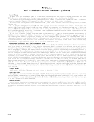 Senior Notes
In March 2007, RGA issued $300 million of 10-year senior notes with a fixed rate of 5.625%, payable semiannually. RGA used
$50 million of the net proceeds of the offering to repay existing debt during the year ended December 31, 2007.
The Holding Company repaid a $500 million 5.25% senior note which matured in December 2006 and a $1,006 million 3.911% senior
note which matured in May 2005. RGA repaid a $100 million 7.25% senior note which matured in April 2006.
In connection with financing the acquisition of Travelers on July 1, 2005, which is described in Note 2, the Holding Company issued the
following debt:
In June 2005, the Holding Company issued $1,000 million aggregate principal amount of 5.00% senior notes due June 15, 2015 at a
discount of $2.7 million ($997.3 million) and $1,000 million aggregate principal amount of 5.70% senior notes due June 15, 2035 at a
discount of $2.4 million ($997.6 million). In connection with the offering, the Holding Company incurred $12.4 million of issuance costs
which have been capitalized and included in other assets. These costs are being amortized using the effective interest method over the
respective term of the related senior notes.
In June 2005, the Holding Company issued 400 million pounds sterling ($729.2 million at issuance) aggregate principal amount of
5.25% senior notes due June 29, 2020 at a discount of 4.5 million pounds sterling ($8.1 million at issuance), for aggregate proceeds of
395.5 million pounds sterling ($721.1 million at issuance). The senior notes were initially offered and sold outside the United States in
reliance upon Regulation S under the Securities Act of 1933, as amended (the “Securities Act”). In connection with the offering, the Holding
Company incurred $3.7 million of issuance costs which have been capitalized and included in other assets. These costs are being
amortized using the effective interest method over the term of the related senior notes.
Repurchase Agreements with Federal Home Loan Bank
MetLife Bank, National Association (“MetLife Bank”) is a member of the FHLB of NY and holds $64 million and $54 million of common
stock of the FHLB of NY at December 31, 2007 and 2006, respectively, which is included in equity securities. MetLife Bank has also
entered into repurchase agreements with the FHLB of NY whereby MetLife Bank has issued repurchase agreements in exchange for cash
and for which the FHLB of NY has been granted a blanket lien on MetLife Bank’s residential mortgages and mortgage-backed securities to
collateralize MetLife Bank’s obligations under the repurchase agreements. MetLife Bank maintains control over these pledged assets, and
may use, commingle, encumber or dispose of any portion of the collateral as long as there is no event of default and the remaining qualified
collateral is sufficient to satisfy the collateral maintenance level. The repurchase agreements and the related security agreement
represented by this blanket lien provide that upon any event of default by MetLife Bank, the FHLB of NY’s recovery is limited to the
amount of MetLife Bank’s liability under the outstanding repurchase agreements. During the years ended December 31, 2007, 2006 and
2005, MetLife Bank received advances totaling $390 million, $260 million and $775 million, respectively, from the FHLB of NY. MetLife
Bank also made repayments of $175 million, $117 million and $25 million, respectively, for the years ended December 31, 2007, 2006 and
2005. The amount of the Company’s liability for repurchase agreements with the FHLB of NY was $1.2 billion and $998 million at
December 31, 2007 and 2006, respectively, which is included in long-term debt. The advances on these repurchase agreements are
collateralized by residential mortgage-backed securities and residential mortgage loans with fair values of $1.3 billion at both December 31,
2007 and 2006.
Surplus Notes
MLIC repaid a $250 million 7% surplus note which matured on November 1, 2005.
Short-term Debt
During the years ended December 31, 2007, 2006 and 2005, the Company’s short-term debt consisted of commercial paper with a
weighted average interest rate of 5.0%, 5.2% and 3.4%, respectively. During the years ended December 31, 2007, 2006 and 2005, the
commercial paper’s average daily balance was $1.6 billion, $1.9 billion and $1.0 billion, respectively, and was outstanding for an average
of 30 days, 39 days and 53 days, respectively.
Interest Expense
Interest expense related to the Company’s indebtedness included in other expenses was $633 million, $664 million and $529 million for
the years ended December 31, 2007, 2006 and 2005, respectively, and does not include interest expense on collateral financing
arrangements, junior subordinated debt securities, common equity units or shares subject to mandatory redemption. See Notes 11, 12, 13
and 14.
F-46 MetLife, Inc.
MetLife, Inc.
Notes to Consolidated Financial Statements — (Continued)
 