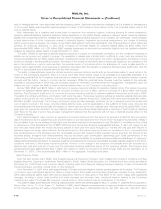 and (iii) the legal defense costs associated with the foregoing claims. Significant assumptions underlying MLIC’s analysis of the adequacy
of its recorded liability with respect to asbestos litigation include: (i) the number of future claims; (ii) the cost to resolve claims; and (iii) the
cost to defend claims.
MLIC reevaluates on a quarterly and annual basis its exposure from asbestos litigation, including studying its claims experience,
reviewing external literature regarding asbestos claims experience in the United States, assessing relevant trends impacting asbestos
liability and considering numerous variables that can affect its asbestos liability exposure on an overall or per claim basis. These variables
include bankruptcies of other companies involved in asbestos litigation, legislative and judicial developments, the number of pending
claims involving serious disease, the number of new claims filed against it and other defendants, and the jurisdictions in which claims are
pending. As previously disclosed, in 2002 MLIC increased its recorded liability for asbestos-related claims by $402 million from
approximately $820 million to $1,225 million. MLIC regularly reevaluates its exposure from asbestos litigation and has updated its liability
analysis for asbestos-related claims through December 31, 2007.
The ability of MLIC to estimate its ultimate asbestos exposure is subject to considerable uncertainty, and the conditions impacting its
liability can be dynamic and subject to change. The availability of reliable data is limited and it is difficult to predict with any certainty the
numerous variables that can affect liability estimates, including the number of future claims, the cost to resolve claims, the disease mix and
severity of disease in pending and future claims, the impact of the number of new claims filed in a particular jurisdiction and variations in the
law in the jurisdictions in which claims are filed, the possible impact of tort reform efforts, the willingness of courts to allow plaintiffs to
pursue claims against MLIC when exposure to asbestos took place after the dangers of asbestos exposure were well known, and the
impact of any possible future adverse verdicts and their amounts.
The ability to make estimates regarding ultimate asbestos exposure declines significantly as the estimates relate to years further in the
future. In the Company’s judgment, there is a future point after which losses cease to be probable and reasonably estimable. It is
reasonably possible that the Company’s total exposure to asbestos claims may be materially greater than the asbestos liability currently
accrued and that future charges to income may be necessary. While the potential future charges could be material in the particular
quarterly or annual periods in which they are recorded, based on information currently known by management, management does not
believe any such charges are likely to have a material adverse effect on the Company’s financial position.
During 1998, MLIC paid $878 million in premiums for excess insurance policies for asbestos-related claims. The excess insurance
policies for asbestos-related claims provide for recovery of losses up to $1.5 billion, which is in excess of a $400 million self-insured
retention. The Company’s initial option to commute the excess insurance policies for asbestos-related claims arises at the end of 2008.
Thereafter, the Company will have a commutation right every five years. The excess insurance policies for asbestos-related claims are also
subject to annual and per claim sublimits. Amounts exceeding the sublimits during 2007, 2006 and 2005 were approximately $16 million,
$8 million and $0, respectively. The Company continues to study per claim averages, and there can be no assurance as to the number and
cost of claims resolved in the future, including related defense costs, and the applicability of the sublimits to these costs. Amounts are
recoverable under the policies annually with respect to claims paid during the prior calendar year. Although amounts paid by MLIC in any
given year that may be recoverable in the next calendar year under the policies will be reflected as a reduction in the Company’s operating
cash flows for the year in which they are paid, management believes that the payments will not have a material adverse effect on the
Company’s liquidity.
Each asbestos-related policy contains an experience fund and a reference fund that provide for payments to MLIC at the commutation
date if the reference fund is greater than zero at commutation or pro rata reductions from time to time in the loss reimbursements to MLIC if
the cumulative return on the reference fund is less than the return specified in the experience fund. The return in the reference fund is tied
to performance of the Standard & Poor’s (“S&P”) 500 Index and the Lehman Brothers Aggregate Bond Index. A claim with respect to the
prior year was made under the excess insurance policies in each year from 2003 through 2007 for the amounts paid with respect to
asbestos litigation in excess of the retention. As the performance of the indices impacts the return in the reference fund, it is possible that
loss reimbursements to the Company and the recoverable amount with respect to later periods may be less than the amount of the
recorded losses. Foregone loss reimbursements may be recovered upon commutation depending upon future performance of the
reference fund. If at some point in the future, the Company believes the liability for probable and reasonably estimable losses for asbestos-
related claims should be increased, an expense would be recorded and the insurance recoverable would be adjusted subject to the terms,
conditions and limits of the excess insurance policies. Portions of the change in the insurance recoverable would be recorded as a
deferred gain and amortized into income over the estimated remaining settlement period of the insurance policies. The foregone loss
reimbursements were approximately $56.1 million with respect to claims for the period of 2002 through 2006 and are estimated, as of
December 31, 2007, to be approximately $69.1 million in the aggregate, including future years.
Sales Practices Claims
Over the past several years, MLIC; New England Mutual Life Insurance Company, New England Life Insurance Company and New
England Securities Corporation (collectively “New England”); GALIC; Walnut Street Securities, Inc. (“Walnut Street Securities”) and MetLife
Securities, Inc. (“MSI”) have faced numerous claims, including class action lawsuits, alleging improper marketing or sales of individual life
insurance policies, annuities, mutual funds or other products.
As of December 31, 2007, there were approximately 130 sales practices litigation matters pending against the Company. The Company
continues to vigorously defend against the claims in these matters. Some sales practices claims have been resolved through settlement.
Other sales practices claims have been won by dispositive motions or have gone to trial. Most of the current cases seek substantial
damages, including in some cases punitive and treble damages and attorneys’ fees. Additional litigation relating to the Company’s
marketing and sales of individual life insurance, mutual funds or other products may be commenced in the future.
Two putative class action lawsuits involving sales practices claims are pending against MLIC in Canada. In Jacynthe Evoy-Larouche v.
Metropolitan Life Ins. Co. (Que. Super. Ct., filed March 1998), plaintiff alleges misrepresentations regarding dividends and future payments
for life insurance policies and seeks unspecified damages. In Ace Quan v. Metropolitan Life Ins. Co. (Ont. Gen. Div., filed April 1997),
F-56 MetLife, Inc.
MetLife, Inc.
Notes to Consolidated Financial Statements — (Continued)
 