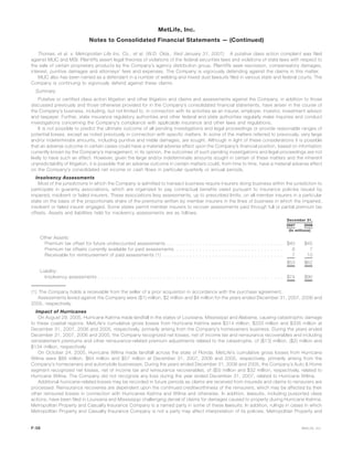 Thomas, et al. v. Metropolitan Life Ins. Co., et al. (W.D. Okla., filed January 31, 2007). A putative class action complaint was filed
against MLIC and MSI. Plaintiffs assert legal theories of violations of the federal securities laws and violations of state laws with respect to
the sale of certain proprietary products by the Company’s agency distribution group. Plaintiffs seek rescission, compensatory damages,
interest, punitive damages and attorneys’ fees and expenses. The Company is vigorously defending against the claims in this matter.
MLIC also has been named as a defendant in a number of welding and mixed dust lawsuits filed in various state and federal courts. The
Company is continuing to vigorously defend against these claims.
Summary
Putative or certified class action litigation and other litigation and claims and assessments against the Company, in addition to those
discussed previously and those otherwise provided for in the Company’s consolidated financial statements, have arisen in the course of
the Company’s business, including, but not limited to, in connection with its activities as an insurer, employer, investor, investment advisor
and taxpayer. Further, state insurance regulatory authorities and other federal and state authorities regularly make inquiries and conduct
investigations concerning the Company’s compliance with applicable insurance and other laws and regulations.
It is not possible to predict the ultimate outcome of all pending investigations and legal proceedings or provide reasonable ranges of
potential losses, except as noted previously in connection with specific matters. In some of the matters referred to previously, very large
and/or indeterminate amounts, including punitive and treble damages, are sought. Although in light of these considerations it is possible
that an adverse outcome in certain cases could have a material adverse effect upon the Company’s financial position, based on information
currently known by the Company’s management, in its opinion, the outcomes of such pending investigations and legal proceedings are not
likely to have such an effect. However, given the large and/or indeterminate amounts sought in certain of these matters and the inherent
unpredictability of litigation, it is possible that an adverse outcome in certain matters could, from time to time, have a material adverse effect
on the Company’s consolidated net income or cash flows in particular quarterly or annual periods.
Insolvency Assessments
Most of the jurisdictions in which the Company is admitted to transact business require insurers doing business within the jurisdiction to
participate in guaranty associations, which are organized to pay contractual benefits owed pursuant to insurance policies issued by
impaired, insolvent or failed insurers. These associations levy assessments, up to prescribed limits, on all member insurers in a particular
state on the basis of the proportionate share of the premiums written by member insurers in the lines of business in which the impaired,
insolvent or failed insurer engaged. Some states permit member insurers to recover assessments paid through full or partial premium tax
offsets. Assets and liabilities held for insolvency assessments are as follows:
2007 2006
December 31,
(In millions)
Other Assets:
Premium tax offset for future undiscounted assessments . . . . . . . . . . . . . . . . . . . . . . . . . . . . . . . . . . . . $40 $45
Premium tax offsets currently available for paid assessments . . . . . . . . . . . . . . . . . . . . . . . . . . . . . . . . . 6 7
Receivable for reimbursement of paid assessments (1) . . . . . . . . . . . . . . . . . . . . . . . . . . . . . . . . . . . . . 7 10
$53 $62
Liability:
Insolvency assessments . . . . . . . . . . . . . . . . . . . . . . . . . . . . . . . . . . . . . . . . . . . . . . . . . . . . . . . . . $74 $90
(1) The Company holds a receivable from the seller of a prior acquisition in accordance with the purchase agreement.
Assessments levied against the Company were ($1) million, $2 million and $4 million for the years ended December 31, 2007, 2006 and
2005, respectively.
Impact of Hurricanes
On August 29, 2005, Hurricane Katrina made landfall in the states of Louisiana, Mississippi and Alabama, causing catastrophic damage
to these coastal regions. MetLife’s cumulative gross losses from Hurricane Katrina were $314 million, $333 million and $335 million at
December 31, 2007, 2006 and 2005, respectively, primarily arising from the Company’s homeowners business. During the years ended
December 31, 2007, 2006 and 2005, the Company recognized net losses, net of income tax and reinsurance recoverables and including
reinstatement premiums and other reinsurance-related premium adjustments related to the catastrophe, of ($13) million, ($2) million and
$134 million, respectively.
On October 24, 2005, Hurricane Wilma made landfall across the state of Florida. MetLife’s cumulative gross losses from Hurricane
Wilma were $66 million, $64 million and $57 million at December 31, 2007, 2006 and 2005, respectively, primarily arising from the
Company’s homeowners and automobile businesses. During the years ended December 31, 2006 and 2005, the Company’s Auto & Home
segment recognized net losses, net of income tax and reinsurance recoverables, of ($3) million and $32 million, respectively, related to
Hurricane Wilma. The Company did not recognize any loss during the year ended December 31, 2007, related to Hurricane Wilma.
Additional hurricane-related losses may be recorded in future periods as claims are received from insureds and claims to reinsurers are
processed. Reinsurance recoveries are dependent upon the continued creditworthiness of the reinsurers, which may be affected by their
other reinsured losses in connection with Hurricanes Katrina and Wilma and otherwise. In addition, lawsuits, including purported class
actions, have been filed in Louisiana and Mississippi challenging denial of claims for damages caused to property during Hurricane Katrina.
Metropolitan Property and Casualty Insurance Company is a named party in some of these lawsuits. In addition, rulings in cases in which
Metropolitan Property and Casualty Insurance Company is not a party may affect interpretation of its policies. Metropolitan Property and
F-58 MetLife, Inc.
MetLife, Inc.
Notes to Consolidated Financial Statements — (Continued)
 
