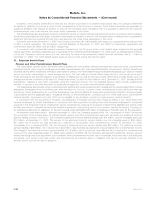 In addition, the Company indemnifies its directors and officers as provided in its charters and by-laws. Also, the Company indemnifies
its agents for liabilities incurred as a result of their representation of the Company’s interests. Since these indemnities are generally not
subject to limitation with respect to duration or amount, the Company does not believe that it is possible to determine the maximum
potential amount that could become due under these indemnities in the future.
The Company has also guaranteed minimum investment returns on certain international retirement funds in accordance with local laws.
Since these guarantees are not subject to limitation with respect to duration or amount, the Company does not believe that it is possible to
determine the maximum potential amount that could become due under these guarantees in the future.
During the year ended December 31, 2007, the Company recorded a $1 million liability with respect to a guarantee previously provided
to MLII, a former subsidiary. The Company’s recorded liabilities at December 31, 2007 and 2006 for indemnities, guarantees and
commitments were $6 million and $5 million, respectively.
In connection with synthetically created investment transactions, the Company writes credit default swap obligations that generally
require payment of principal outstanding due in exchange for the referenced credit obligation. If a credit event, as defined by the contract,
occurs the Company’s maximum amount at risk, assuming the value of the referenced credits becomes worthless, was $1.7 billion at
December 31, 2007. The credit default swaps expire at various times during the next ten years.
17. Employee Benefit Plans
Pension and Other Postretirement Benefit Plans
The Subsidiaries sponsor and/or administer various qualified and non-qualified defined benefit pension plans and other postretirement
employee benefit plans covering employees and sales representatives who meet specified eligibility requirements. Pension benefits are
provided utilizing either a traditional formula or cash balance formula. The traditional formula provides benefits based upon years of credited
service and either final average or career average earnings. The cash balance formula utilizes hypothetical or notional accounts which
credit participants with benefits equal to a percentage of eligible pay as well as earnings credits, determined annually based upon the
average annual rate of interest on 30-year U.S. Treasury securities, for each account balance. As of December 31, 2007, virtually all of the
Subsidiaries’ obligations have been calculated using the traditional formula. The non-qualified pension plans provide supplemental
benefits, in excess of amounts permitted by governmental agencies, to certain executive level employees.
The Subsidiaries also provide certain postemployment benefits and certain postretirement medical and life insurance benefits for retired
employees. Employees of the Subsidiaries who were hired prior to 2003 (or, in certain cases, rehired during or after 2003) and meet age
and service criteria while working for one of the Subsidiaries, may become eligible for these other postretirement benefits, at various levels,
in accordance with the applicable plans. Virtually all retirees, or their beneficiaries, contribute a portion of the total cost of postretirement
medical benefits. Employees hired after 2003 are not eligible for any employer subsidy for postretirement medical benefits.
In connection with the acquisition of Travelers, the employees of Travelers and any other Citigroup affiliate in the United States who
became employees of certain Subsidiaries in connection with that acquisition (including those who remained employees of companies
acquired in that acquisition) will be credited with service recognized by Citigroup for purposes of determining eligibility and vesting under
the Plan with respect to benefits earned under the Plan subsequent to the closing date of the acquisition. Neither the Holding Company nor
its subsidiaries assumed an obligation for benefits earned under defined benefit plans of Citigroup or Travelers prior to the acquisition.
As described more fully in Note 1, effective December 31, 2006, the Company adopted SFAS 158. The adoption of SFAS 158 required
the recognition of the funded status of defined benefit pension and other postretirement plans and eliminated the additional minimum
pension liability provision of SFAS 87. The Company’s additional minimum pension liability was $78 million, and the intangible asset was
$12 million, at December 31, 2005. The excess of the additional minimum pension liability over the intangible asset of $66 million,
$41 million net of income tax, was recorded as a reduction of accumulated other comprehensive income. At December 31, 2006,
immediately prior to adopting SFAS 158, the Company’s additional minimum pension liability was $92 million. The additional minimum
pension liability of $59 million, net of income tax of $33 million, was recorded as a reduction of accumulated other comprehensive income.
The change in the additional minimum pension liability of $18 million, net of income tax, was reflected as a component of comprehensive
income for the year ended December 31, 2006. Upon adoption of SFAS 158, the Company eliminated the additional minimum pension
liability and recognized as an adjustment to accumulated other comprehensive income, net of income tax, those amounts of actuarial gains
and losses, prior service costs and credits, and the remaining net transition asset or obligation that had not yet been included in net
periodic benefit cost at the date of adoption.
F-60 MetLife, Inc.
MetLife, Inc.
Notes to Consolidated Financial Statements — (Continued)
 