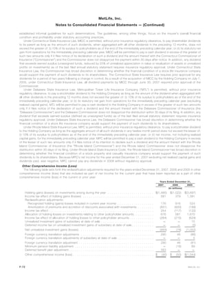 established informal guidelines for such determinations. The guidelines, among other things, focus on the insurer’s overall financial
condition and profitability under statutory accounting practices.
Under Connecticut State Insurance Law, MICC is permitted, without prior insurance regulatory clearance, to pay shareholder dividends
to its parent as long as the amount of such dividends, when aggregated with all other dividends in the preceding 12 months, does not
exceed the greater of: (i) 10% of its surplus to policyholders as of the end of the immediately preceding calendar year; or (ii) its statutory net
gain from operations for the immediately preceding calendar year. MICC will be permitted to pay a cash dividend in excess of the greater of
such two amounts only if it files notice of its declaration of such a dividend and the amount thereof with the Connecticut Commissioner of
Insurance (“Commissioner”) and the Commissioner does not disapprove the payment within 30 days after notice. In addition, any dividend
that exceeds earned surplus (unassigned funds, reduced by 25% of unrealized appreciation in value or revaluation of assets or unrealized
profits on investments) as of the last filed annual statutory statement requires insurance regulatory approval. Under Connecticut State
Insurance Law, the Commissioner has broad discretion in determining whether the financial condition of a stock life insurance company
would support the payment of such dividends to its shareholders. The Connecticut State Insurance Law requires prior approval for any
dividends for a period of two years following a change in control. As a result of the acquisition of MICC by the Holding Company on July 1,
2005, under Connecticut State Insurance Law, all dividend payments by MICC through June 30, 2007 required prior approval of the
Commissioner.
Under Delaware State Insurance Law, Metropolitan Tower Life Insurance Company (“MTL”) is permitted, without prior insurance
regulatory clearance, to pay a stockholder dividend to the Holding Company as long as the amount of the dividend when aggregated with
all other dividends in the preceding 12 months does not exceed the greater of: (i) 10% of its surplus to policyholders as of the end of the
immediately preceding calendar year; or (ii) its statutory net gain from operations for the immediately preceding calendar year (excluding
realized capital gains). MTL will be permitted to pay a cash dividend to the Holding Company in excess of the greater of such two amounts
only if it files notice of the declaration of such a dividend and the amount thereof with the Delaware Commissioner of Insurance (the
“Delaware Commissioner”) and the Delaware Commissioner does not disapprove the distribution within 30 days of its filing. In addition, any
dividend that exceeds earned surplus (defined as unassigned funds) as of the last filed annual statutory statement requires insurance
regulatory approval. Under Delaware State Insurance Law, the Delaware Commissioner has broad discretion in determining whether the
financial condition of a stock life insurance company would support the payment of such dividends to its shareholders.
Under Rhode Island State Insurance Law, MPC is permitted, without prior insurance regulatory clearance, to pay a stockholder dividend
to the Holding Company as long as the aggregate amount of all such dividends in any twelve-month period does not exceed the lesser of:
(i) 10% of its surplus to policyholders as of the end of the immediately preceding calendar year; or (ii) net income, not including realized
capital gains, for the immediately preceding calendar year. MPC will be permitted to pay a cash dividend to the Holding Company in excess
of the lesser of such two amounts only if it files notice of its intention to declare such a dividend and the amount thereof with the Rhode
Island Commissioner of Insurance (the “Rhode Island Commissioner”) and the Rhode Island Commissioner does not disapprove the
distribution within 30 days of its filing. Under Rhode Island State Insurance Code, the Rhode Island Commissioner has broad discretion in
determining whether the financial condition of a stock property and casualty insurance company would support the payment of such
dividends to its shareholders. Because MPC’s net income for the year ended December 31, 2007 excluding net realized capital gains and
dividends paid, was negative, MPC cannot pay any dividends in 2008 without regulatory approval.
Other Comprehensive Income (Loss)
The following table sets forth the reclassification adjustments required for the years ended December 31, 2007, 2006 and 2005 in other
comprehensive income (loss) that are included as part of net income for the current year that have been reported as a part of other
comprehensive income (loss) in the current or prior year:
2007 2006 2005
Years Ended December 31,
(In millions)
Holding gains (losses) on investments arising during the year . . . . . . . . . . . . . . . . . . . . . . . $(1,485) $(1,022) $(3,697)
Income tax effect of holding gains (losses) . . . . . . . . . . . . . . . . . . . . . . . . . . . . . . . . . . . 581 379 1,391
Reclassification adjustments:
Recognized holding (gains) losses included in current year income . . . . . . . . . . . . . . . . . . 176 916 524
Amortization of premiums and accretion of discounts associated with investments . . . . . . . . (831) (600) (199)
Income tax effect . . . . . . . . . . . . . . . . . . . . . . . . . . . . . . . . . . . . . . . . . . . . . . . . . . . . 254 (117) (122)
Allocation of holding losses on investments relating to other policyholder amounts. . . . . . . . . . 676 581 1,670
Income tax effect of allocation of holding losses to other policyholder amounts . . . . . . . . . . . . (264) (215) (629)
Unrealized investment gains of subsidiary at date of sale . . . . . . . . . . . . . . . . . . . . . . . . . . — — 15
Deferred income tax on unrealized investment gains of subsidiary at date of sale. . . . . . . . . . . — — (5)
Net unrealized investment gains (losses) . . . . . . . . . . . . . . . . . . . . . . . . . . . . . . . . . . . . . (893) (78) (1,052)
Foreign currency translation adjustments . . . . . . . . . . . . . . . . . . . . . . . . . . . . . . . . . . . . 290 46 (86)
Foreign currency translation adjustments of subsidiary at date of sale . . . . . . . . . . . . . . . . . . — — 5
Foreign currency translation adjustment . . . . . . . . . . . . . . . . . . . . . . . . . . . . . . . . . . . . . 290 46 (81)
Minimum pension liability adjustment . . . . . . . . . . . . . . . . . . . . . . . . . . . . . . . . . . . . . . . — (18) 89
Deferred benefit plan adjustment . . . . . . . . . . . . . . . . . . . . . . . . . . . . . . . . . . . . . . . . . . 563 — —
Other comprehensive income (loss) . . . . . . . . . . . . . . . . . . . . . . . . . . . . . . . . . . . . . . . . $ (40) $ (50) $(1,044)
F-72 MetLife, Inc.
MetLife, Inc.
Notes to Consolidated Financial Statements — (Continued)
 