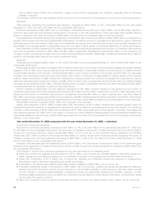time to reflect market interest rate movements, subject to any minimum guarantees and, therefore, generally does not introduce
volatility in expense.
The change in effective tax rates between periods accounts for the remainder of the decrease in income from continuing operations.
Revenues
Total revenues, excluding net investment gains (losses), increased by $504 million, or 3%, to $15,660 million for the year ended
December 31, 2007 from $15,156 million for the comparable 2006 period.
Premiums decreased by $20 million due to a decrease in immediate annuity premiums of $27 million, and an $89 million decline in
premiums associated with the Company’s closed block of business, in line with expectations. These decreases were partially offset by
growth in premiums from other life products of $96 million, primarily driven by increased sales of term life business.
Universal life and investment-type product policy fees combined with other revenues increased by $384 million due to a combination of
growth in the business and improved overall market performance, as well as revisions to management’s assumptions used to determine
estimated gross profits and margins. Policy fees from variable life and annuity and investment-type products are typically calculated as a
percentage of the average assets in policyholder accounts. The value of these assets can fluctuate depending on equity performance.
Net investment income increased by $140 million. Net investment income from the general account portion of investment-type products
and other businesses increased by $45 million and $95 million, respectively. Management attributes $5 million of this increase to an
increase in yields, primarily due to higher returns on other limited partnership interests. Additionally, management attributes $135 million to
growth in the average asset base across various investment types.
Expenses
Total expenses increased by $840 million, or 7%, to $13,500 million for the year ended December 31, 2007 from $12,660 million for the
comparable 2006 period.
Policyholder benefits and claims increased by $312 million primarily due to an increase in the closed block-related policyholder dividend
obligation of $115 million which was primarily driven by net investment gains. Unfavorable mortality in the life products, as well as revisions
to policyholder benefits in both periods, contributed $180 million to this increase. Included in this increase was $72 million of unfavorable
mortality in the closed block and a prior year net increase of $15 million in the excess mortality liability on specific blocks of life insurance
policies. Higher amortization of sales inducements resulting from business growth and revisions to management’s assumptions used to
determine estimated gross profits and margins, partially offset by lower costs of guaranteed annuity benefit riders and related hedging
increased annuity benefits by $37 million. Partially offsetting these increases, policyholder benefits and claims decreased by $20 million
commensurate with the decrease in premiums discussed above.
Interest credited to policyholder account balances decreased by $5 million. Interest credited on the general account portion of
investment-type products and other businesses decreased by $15 million and $10 million, respectively. Of the $15 million decrease on the
general account portion of investment-type products, management attributed $67 million to higher crediting rates, more than offset by
$82 million due to lower average policyholder account balances. Partially offsetting these decreases was lower amortization of the excess
interest reserves on acquired annuity and universal life blocks of business of $20 million primarily driven by lower lapses in the current year.
Policyholder dividends increased by $21 million due to growth in the business.
Higher other expenses of $512 million include higher DAC amortization of $314 million resulting from business growth, lower net
investment losses and revisions to management’s assumptions used to determine estimated gross profits and margins. The remaining
increase in other expenses of $198 million was comprised of $167 million associated with business growth, information technology and
other general expenses, $7 million due to the impact of revisions to certain liabilities including pension and postretirement liabilities and
policyholder liabilities in the prior year, and $24 million associated with the write-off of a receivable from one of the Company’s joint venture
partners in the current year.
Year ended December 31, 2006 compared with the year ended December 31, 2005 — Individual
Income from Continuing Operations
Income from continuing operations increased by $44 million, or 4%, to $1,246 million for the year ended December 31, 2006 from
$1,202 million for the comparable 2005 period. The acquisition of Travelers contributed $112 million during the first six months of 2006 to
income from continuing operations, which included $88 million, net of income tax, of net investment losses. Included in the Travelers
results was a $21 million increase to the excess mortality liability on specific blocks of life insurance policies. Excluding the impact of
Travelers, income from continuing operations decreased by $68 million, or 6%, to $1,134 million for the year ended December 31, 2006
from $1,202 million for the comparable 2005 period.
Included in this decrease were net investment losses of $270 million, net of income tax. Excluding the impact of net investment gains
(losses) and the acquisition of Travelers for the first six months of 2006, income from continuing operations increased by $202 million from
the comparable 2005 period.
The increase in income from continuing operations for the year was driven by the following items:
• Higher fee income from separate account products of $151 million, net of income tax, primarily related to fees being earned on a
higher average account balance resulting from a combination of growth in the business and overall market performance.
• Lower DAC amortization of $113 million, net of income tax, resulting from investment losses and revisions to management’s
assumptions used to determine estimated gross profits and margins.
• A decrease in the closed block-related policyholder dividend obligation of $68 million, net of income tax.
• Favorable underwriting results in life products of $61 million, net of income tax. Underwriting results are generally the difference
between the portion of premium and fee income intended to cover mortality, morbidity or other insurance costs less claims incurred
and the change in insurance-related liabilities. Underwriting results are significantly influenced by mortality, morbidity, or other
insurance-related experience trends, as well as the reinsurance activity related to certain blocks of business. Consequently, results
can fluctuate from period to period.
• Higher net investment income on blocks of business that were not driven by interest margins of $16 million, net of income tax.
28 MetLife, Inc.
 