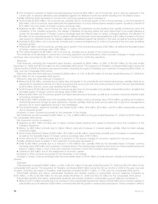 • The Company’s operation in Ireland reduced operating income by $34 million, net of income tax, due to start-up expenses in the
current year. A valuation allowance was established against the deferred income tax benefit resulting from the Ireland losses.
Partially offsetting these decreases in income from continuing operations were increases in:
• South Korea by $79 million, net of income tax, primarily due to continued growth of the in-force business, a one-time benefit of
$38 million, net of income tax, associated with the implementation of a more refined reserve valuation system, as well as a benefit of
$13 million from the impact of foreign currency exchange rates.
• Argentina by $61 million, net of income tax, due to higher net investment income resulting from capital contributions since the
completion of the Travelers acquisition, the release of liabilities for pending claims that were determined to be invalid following a
review, the favorable impact of foreign currency exchange rates and inflation rates on certain contingent liabilities, the utilization of
$4 million of net operating losses for which a valuation allowance had been previously established, a $12 million increase in the prior
year period of a deferred income tax valuation allowance established against tax benefits in that year, as well as business growth.
• Australia by $22 million, net of income tax, primarily due to reserve strengthening on a block of business in the prior year, as well as
business growth.
• Chile by $5 million, net of income tax, primarily due to growth in the institutional business of $2 million, as well as the favorable impact
of foreign currency exchange rates of $2 million.
• The United Kingdom by $5 million, net of income tax, primarily due to growth of the in-force business.
The remainder of the decrease in income from continuing operations can be attributed to other countries. Changes in foreign currency
exchange rates accounted for $2 million of the increase in income from continuing operations.
Revenues
Total revenues, excluding net investment gains (losses), increased by $925 million, or 26%, to $4,504 million for the year ended
December 31, 2006 from $3,579 million for the comparable 2005 period. The acquisition of Travelers contributed $366 million during the
first six months of 2006 to the period over period increase. Excluding the impact of Travelers, such revenues increased by $559 million, or
16%, over the comparable 2005 period.
Premiums, fees and other revenues increased by $469 million, or 17%, to $3,254 million for the year ended December 31, 2006 from
$2,785 million for the comparable 2005 period.
Premiums, fees and other revenues increased in:
• Mexico by $159 million, primarily due to higher fees and growth in its universal life and institutional business, partially offset by an
adjustment for experience refunds on a block of business and various one-time other revenue items for which the prior year benefited
by $19 million and the current year benefited by $16 million.
• South Korea by $156 million primarily due to business growth driven by strong sales of its variable universal life product, as well as the
favorable impact of foreign currency exchange rates of $56 million.
• Brazil by $49 million due to business growth and higher bancassurance business, as well as an increase in amounts retained under
reinsurance arrangements.
• Chile by $22 million primarily due to the favorable impact of foreign currency exchange rates of $14 million, as well as an increase in
institutional premiums through its bank distribution channel, partially offset by lower annuity sales due in part from management’s
decision not to match aggressive pricing in the marketplace.
• The United Kingdom, Argentina, Australia, and Taiwan by $21 million, $16 million, $15 million, and $12 million respectively, primarily
due to business growth.
Increases in other countries accounted for the remainder of the change.
Net investment income increased by $90 million, or 11%, to $884 million for the year ended December 31, 2006 from $794 million for
the comparable 2005 period.
Net investment income increased in:
• Argentina by $41 million primarily due to higher invested assets resulting from capital contributions since the completion of the
Travelers acquisition.
• Mexico by $28 million primarily due to higher inflation rates and increases in invested assets, partially offset by lower average
investment yields.
• South Korea, Brazil and Taiwan by $25 million, $14 million and $5 million, respectively, primarily due to increases in invested assets,
as well as the favorable impact of foreign currency exchange rates of $10 million.
• Home office by $17 million primarily due to a reduction in the amount charged for economic capital from the prior year.
Partially offsetting these increases in net investment income were decreases in:
• Chile by $8 million primarily due to a reduction in the inflation rate, partially offset by the favorable impact of foreign currency
exchange rates of $8 million and increases in invested assets. The invested asset valuations and returns on these invested assets are
linked to inflation rates in most of the Latin American countries in which the Company does business.
• Canada by $33 million due to the realignment of economic capital.
Increases in other countries accounted for the remainder of the change.
Changes in foreign currency exchange rates had a favorable impact of $105 million on total revenues, excluding net investment gains
(losses).
Expenses
Total expenses increased by $857 million, or 25%, to $4,227 million for the year ended December 31, 2006 from $3,370 million for the
comparable 2005 period. The acquisition of Travelers contributed $346 million during the first six months of 2006 to the year over year
increase. Excluding the impact of Travelers, total expenses increased by $511 million, or 15%, over the comparable 2005 period.
Policyholder benefits and claims, policyholder dividends and interest credited to policyholder account balances increased by
$187 million, or 8%, to $2,560 million for the year ended December 31, 2006 from $2,373 million for the comparable 2005 period.
Policyholder benefits and claims, policyholder dividends and interest credited to policyholder account balances increased in:
• Mexico by $113 million primarily due to an increase in other policyholder benefits and claims of $108 million and in interest credited to
policyholder account balances of $39 million commensurate with the growth in revenue discussed above. These increases in Mexico
36 MetLife, Inc.
 