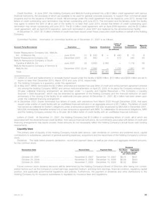 Credit Facilities. In June 2007, the Holding Company and MetLife Funding entered into a $3.0 billion credit agreement with various
financial institutions, the proceeds of which are available to be used for general corporate purposes, to support their commercial paper
programs and for the issuance of letters of credit. All borrowings under the credit agreement must be repaid by June 2012, except that
letters of credit outstanding upon termination may remain outstanding until June 2013. The borrowers and the lenders under this facility
may agree to extend the term of all or part of the facility to no later than June 2014, except that letters of credit outstanding upon
termination may remain outstanding until June 2015. The $1.5 billion credit agreement, with an April 2009 expiration, and the $1.5 billion
credit agreement, with an April 2010 expiration, were both terminated in June 2007 and replaced by the aforementioned facility.
At December 31, 2007, $1.5 billion of letters of credit have been issued under these unsecured credit facilities on behalf of the Holding
Company.
Committed Facilities. Information on committed facilities as of December 31, 2007 is as follows:
Account Party/Borrower(s) Expiration Capacity Drawdowns
Letter of
Credit
Issuances
Unused
Commitments
Maturity
(Years)
(In millions)
Exeter Reassurance Company Ltd., MetLife,
Inc., & Missouri Re . . . . . . . . . . . . . . . . . . June 2016 (1) $ 500 $ — $ 490 $ 10 8
Exeter Reassurance Company Ltd. . . . . . . . . . December 2027 (2) 650 — 410 240 20
MetLife Reinsurance Company of South
Carolina & MetLife, Inc. . . . . . . . . . . . . . . . June 2037 (3) 3,500 2,382 — 1,118 30
MetLife Reinsurance Company of Vermont &
MetLife, Inc. . . . . . . . . . . . . . . . . . . . . . . December 2037 (2),(4) 2,896 — 1,235 1,661 30
Total . . . . . . . . . . . . . . . . . . . . . . . . . . . . $7,546 $2,382 $2,135 $3,029
(1) Letters of credit and replacements or renewals thereof issued under this facility of $280 million, $10 million and $200 million are set to
expire no later than December 2015, March 2016 and June 2016, respectively.
(2) The Holding Company is a guarantor under this agreement.
(3) In May 2007, MRSC terminated the $2.0 billion amended and restated five-year letter of credit and reimbursement agreement entered
into among the Holding Company, MRSC and various institutional lenders on April 25, 2005. In its place the Company entered into a
30-year collateral financing arrangement as described under “— Liquidity and Capital Resources — The Company — Liquidity
Sources — Debt Issuances”, which may be extended by agreement of the Holding Company and the financial institution on each
anniversary of the closing of the facility for an additional one-year period. At December 31, 2007, $2.4 billion had been drawn upon
under the collateral financing arrangement.
(4) In December 2007, Exeter terminated four letters of credit, with expirations from March 2025 through December 2026, that were
issued under a letter of credit facility with an unaffiliated financial institution in an aggregate amount of $1.7 billion. The letters of credit
had served as collateral for Exeter’s obligations under a reinsurance agreement that was recaptured by MLI-USA in December 2007.
MLI-USA immediately thereafter entered into a new reinsurance agreement with MRV. To collateralize its reinsurance obligations, MRV
and the Holding Company entered into a 30-year, $2.9 billion letter of credit facility with an unaffiliated financial institution.
Letters of Credit. At December 31, 2007, the Holding Company had $1.5 billion in outstanding letters of credit, all of which are
associated with the aforementioned credit facilities, from various financial institutions. As commitments associated with letters of credit and
financing arrangements may expire unused, these amounts do not necessarily reflect the Holding Company’s actual future cash funding
requirements.
Liquidity Uses
The primary uses of liquidity of the Holding Company include debt service, cash dividends on common and preferred stock, capital
contributions to subsidiaries, payment of general operating expenses, acquisitions and the repurchase of the Holding Company’s common
stock.
Dividends. The table below presents declaration, record and payment dates, as well as per share and aggregate dividend amounts,
for the common stock:
Declaration Date Record Date Payment Date Per Share Aggregate
Dividend
(In millions, except
per share data)
October 23, 2007 . . . . . . . . . . . . . . . . . . . . . . . November 6, 2007 December 14, 2007 $0.74 $541
October 24, 2006 . . . . . . . . . . . . . . . . . . . . . . . November 6, 2006 December 15, 2006 $0.59 $450
October 25, 2005 . . . . . . . . . . . . . . . . . . . . . . . November 7, 2005 December 15, 2005 $0.52 $394
Future common stock dividend decisions will be determined by the Holding Company’s Board of Directors after taking into consid-
eration factors such as the Company’s current earnings, expected medium- and long-term earnings, financial condition, regulatory capital
position, and applicable governmental regulations and policies. Furthermore, the payment of dividends and other distributions to the
Holding Company by its insurance subsidiaries is regulated by insurance laws and regulations.
55MetLife, Inc.
 