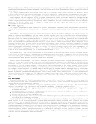 Management Department, ALM Committees and additional specialists at the business segment level. The Company has established and
implemented comprehensive policies and procedures at both the corporate and business segment level to minimize the effects of potential
market volatility.
The Company regularly analyzes its exposure to interest rate, equity market and foreign currency exchange risks. As a result of that
analysis, the Company has determined that the fair value of its interest rate sensitive invested assets is materially exposed to changes in
interest rates. The equity and foreign currency portfolios do not expose the Company to material market risks (as described below).
MetLife generally uses option adjusted duration to manage interest rate risk and the methods and assumptions used are generally
consistent with those used by the Company in 2006. The Company analyzes interest rate risk using various models, including multi-
scenario cash flow projection models that forecast cash flows of the liabilities and their supporting investments, including derivative
instruments. The Company uses a variety of strategies to manage interest rate, equity market, and foreign currency exchange risk,
including the use of derivative instruments.
Market Risk Exposures
The Company has exposure to market risk through its insurance operations and investment activities. For purposes of this disclosure,
“market risk” is defined as the risk of loss resulting from changes in interest rates, equity market prices and foreign currency exchange
rates.
Interest Rates. The Company’s exposure to interest rate changes results from its significant holdings of fixed maturity securities, as
well as its interest rate sensitive liabilities. The fixed maturity securities include U.S. and foreign government bonds, securities issued by
government agencies, corporate bonds and mortgage-backed securities, all of which are mainly exposed to changes in medium- and long-
term treasury rates. The interest rate sensitive liabilities for purposes of this disclosure include GICs and annuities, which have the same
type of interest rate exposure (medium- and long-term treasury rates) as fixed maturity securities. The Company employs product design,
pricing and asset/liability management strategies to reduce the adverse effects of interest rate movements. Product design and pricing
strategies include the use of surrender charges or restrictions on withdrawals in some products. Asset/liability management strategies
include the use of derivatives, the purchase of securities structured to protect against prepayments, prepayment restrictions and related
fees on mortgage loans and consistent monitoring of the pricing of the Company’s products in order to better match the duration of the
assets and the liabilities they support. See also “Risk Factors — Changes in Market Interest Rates May Significantly Affect Our Profitability’’
in MetLife, Inc.’s Annual Report on Form 10-K for the year ended December 31, 2007.
Equity Market Prices. The Company’s investments in equity securities and equity-based fixed maturity securities expose it to changes
in equity prices, as do certain liabilities that involve long-term guarantees on equity performance. It manages this risk on an integrated basis
with other risks through its asset/liability management strategies. The Company also manages equity market price risk through industry and
issuer diversification, asset allocation techniques and the use of derivatives.
Foreign Currency Exchange Rates. The Company’s exposure to fluctuations in foreign currency exchange rates against the U.S. dollar
results from its holdings in non-U.S. dollar denominated fixed maturity securities, equity securities and liabilities, as well as through its
investments in foreign subsidiaries. The principal currencies that create foreign currency exchange rate risk in the Company’s investment
portfolios are the Euro, the Canadian dollar and the British pound. The Company mitigates its fixed maturity securities’ foreign currency
exchange rate risk through the utilization of foreign currency swaps and forward contracts. Through its investments in foreign subsidiaries,
the Company is primarily exposed to the Canadian dollar, the Mexican peso, the Australian dollar, the Argentinean peso, the South Korean
won, the Chilean peso, the Taiwanese dollar and the Japanese yen. The Company has matched substantially all of its foreign currency
liabilities in its foreign subsidiaries with their respective foreign currency assets, thereby reducing its risk to currency exchange rate
fluctuation. Selectively, the Company uses U.S. dollar assets to support certain long duration foreign currency liabilities. Additionally, in
some countries, local surplus is held entirely or in part in U.S. dollar assets which further minimizes exposure to exchange rate fluctuation
risk.
Risk Management
Corporate Risk Management. MetLife has established several financial and non-financial senior management committees as part of its
risk management process. These committees manage capital and risk positions, approve asset/liability management strategies and
establish appropriate corporate business standards.
MetLife also has a separate Corporate Risk Management Department, which is responsible for risk throughout MetLife and reports to
MetLife’s Chief Financial Officer. The Corporate Risk Management Department’s primary responsibilities consist of:
• implementing a Board of Directors-approved corporate risk framework, which outlines the Company’s approach for managing risk on
an enterprise-wide basis;
• developing policies and procedures for managing, measuring and monitoring those risks identified in the corporate risk framework;
• establishing appropriate corporate risk tolerance levels;
• deploying capital on an economic capital basis; and
• reporting on a periodic basis to the Governance Committee of the Holding Company’s Board of Directors and various financial and
non-financial senior management committees.
Asset/Liability Management. The Company actively manages its assets using an approach that balances quality, diversification, asset/
liability matching, liquidity and investment return. The goals of the investment process are to optimize, net of income tax, risk-adjusted
investment income and risk-adjusted total return while ensuring that the assets and liabilities are managed on a cash flow and duration
basis. The asset/liability management process is the shared responsibility of the Portfolio Management Unit, the Financial Management and
Oversight Asset/Liability Management Unit, and the operating business segments under the supervision of the various product line specific
ALM Committees. The ALM Committees’ duties include reviewing and approving target portfolios on a periodic basis, establishing
investment guidelines and limits and providing oversight of the asset/liability management process. The portfolio managers and asset
sector specialists, who have responsibility on a day-to-day basis for risk management of their respective investing activities, implement the
goals and objectives established by the ALM Committees.
86 MetLife, Inc.
 
