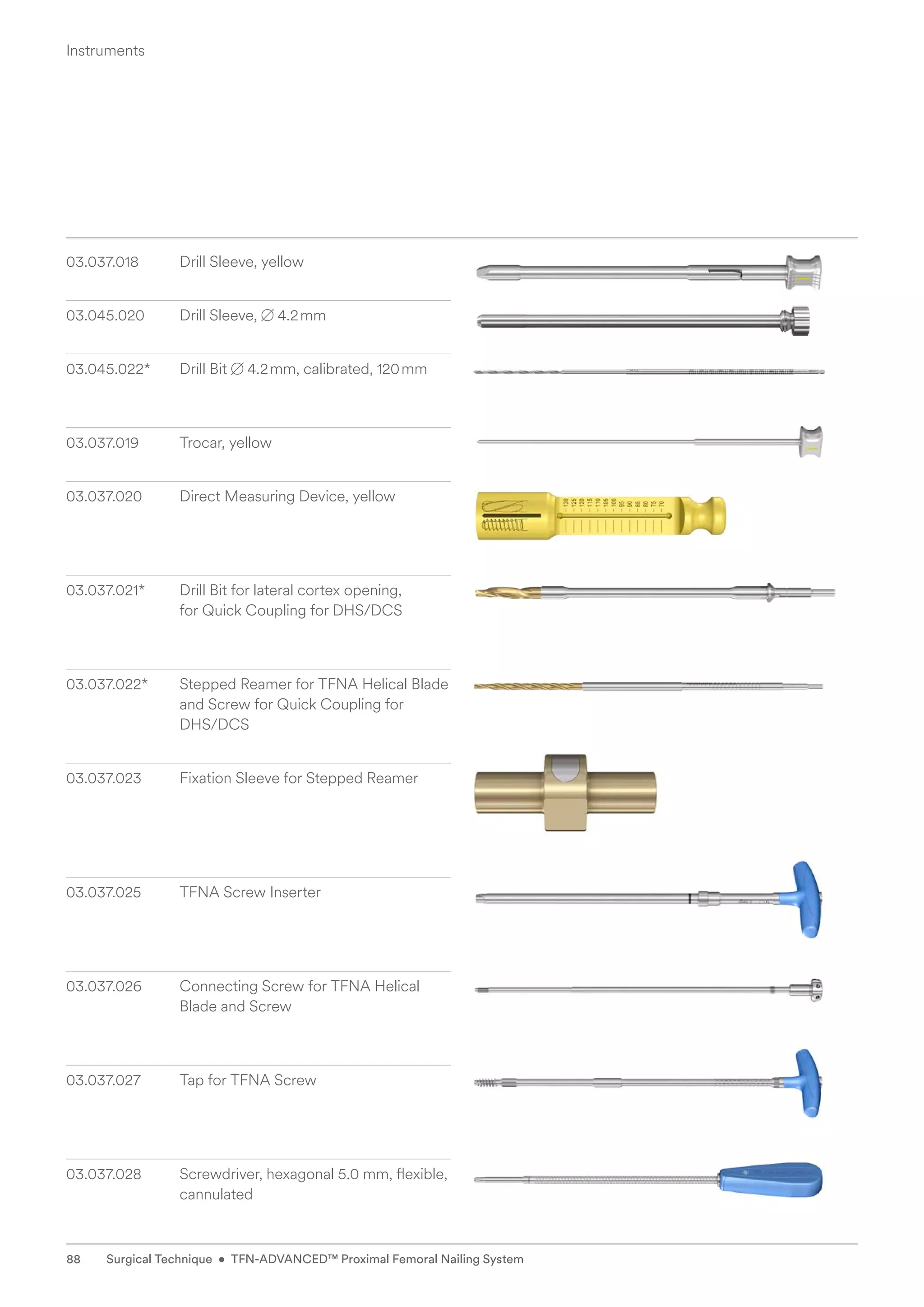 03.037.018 Drill Sleeve, yellow
03.045.020 Drill Sleeve, B 4.2mm
03.045.022* Drill Bit B 4.2mm, calibrated, 120mm
03.037.019 Trocar, yellow
03.037.020 Direct Measuring Device, yellow
03.037.021* Drill Bit for lateral cortex opening,
for Quick Coupling for DHS/DCS
03.037.022* Stepped Reamer for TFNA Helical Blade
and Screw for Quick Coupling for
DHS/DCS
03.037.023 Fixation Sleeve for Stepped Reamer
03.037.025 TFNA Screw Inserter
03.037.026 Connecting Screw for TFNA Helical
Blade and Screw
03.037.027 Tap for TFNA Screw
03.037.028 Screwdriver, hexagonal 5.0 mm, flexible,
cannulated
Instruments
88 Surgical Technique • TFN-ADVANCED™ Proximal Femoral Nailing System
 