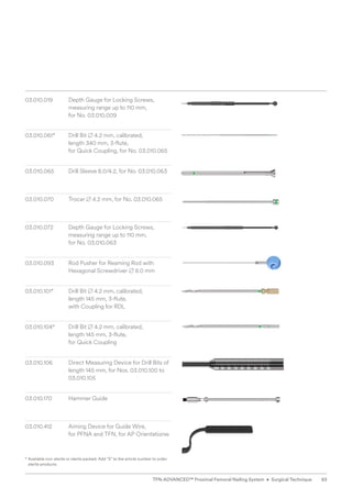 * 
Available non-sterile or sterile packed. Add “S” to the article number to order
sterile products.
03.010.019 Depth Gauge for Locking Screws,
measuring range up to 110 mm,
for No. 03.010.009
03.010.061* Drill Bit B 4.2 mm, calibrated,
length 340 mm, 3-flute,
for Quick Coupling, for No. 03.010.065
03.010.065 Drill Sleeve 8.0/4.2, for No. 03.010.063
03.010.070 Trocar B 4.2 mm, for No. 03.010.065
03.010.072 	
Depth Gauge for Locking Screws,
measuring range up to 110 mm,
for No. 03.010.063
03.010.093 Rod Pusher for Reaming Rod with
Hexagonal Screwdriver B 8.0 mm
03.010.101* Drill Bit B 4.2 mm, calibrated,
length 145 mm, 3-flute,
with Coupling for RDL
03.010.104* Drill Bit B 4.2 mm, calibrated,
length 145 mm, 3-flute,
for Quick Coupling
03.010.106 Direct Measuring Device for Drill Bits of
length 145 mm, for Nos. 03.010.100 to
03.010.105
03.010.170 Hammer Guide
03.010.412 Aiming Device for Guide Wire,
for PFNA and TFN, for AP Orientationw
83
TFN-ADVANCED™ Proximal Femoral Nailing System • Surgical Technique
 