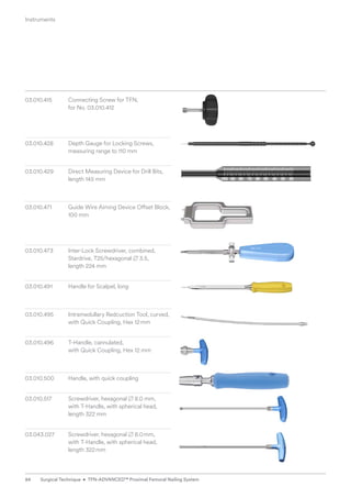03.010.415 Connecting Screw for TFN,
for No. 03.010.412
03.010.428 	
Depth Gauge for Locking Screws,
measuring range to 110 mm
03.010.429	
Direct Measuring Device for Drill Bits,
length 145 mm
03.010.471 	
Guide Wire Aiming Device Offset Block,
100 mm
03.010.473 Inter-Lock Screwdriver, combined,
Stardrive, T25/hexagonal B 3.5,
length 224 mm
03.010.491 Handle for Scalpel, long
03.010.495 Intramedullary Redcuction Tool, curved,
with Quick Coupling, Hex 12mm
03.010.496 T-Handle, cannulated,
with Quick Coupling, Hex 12 mm
03.010.500 Handle, with quick coupling
03.010.517 Screwdriver, hexagonal B 8.0 mm,
with T-Handle, with spherical head,
length 322 mm
03.043.027 Screwdriver, hexagonal B 8.0mm,
with T-Handle, with spherical head,
length 322mm
Instruments
84 Surgical Technique • TFN-ADVANCED™ Proximal Femoral Nailing System
 